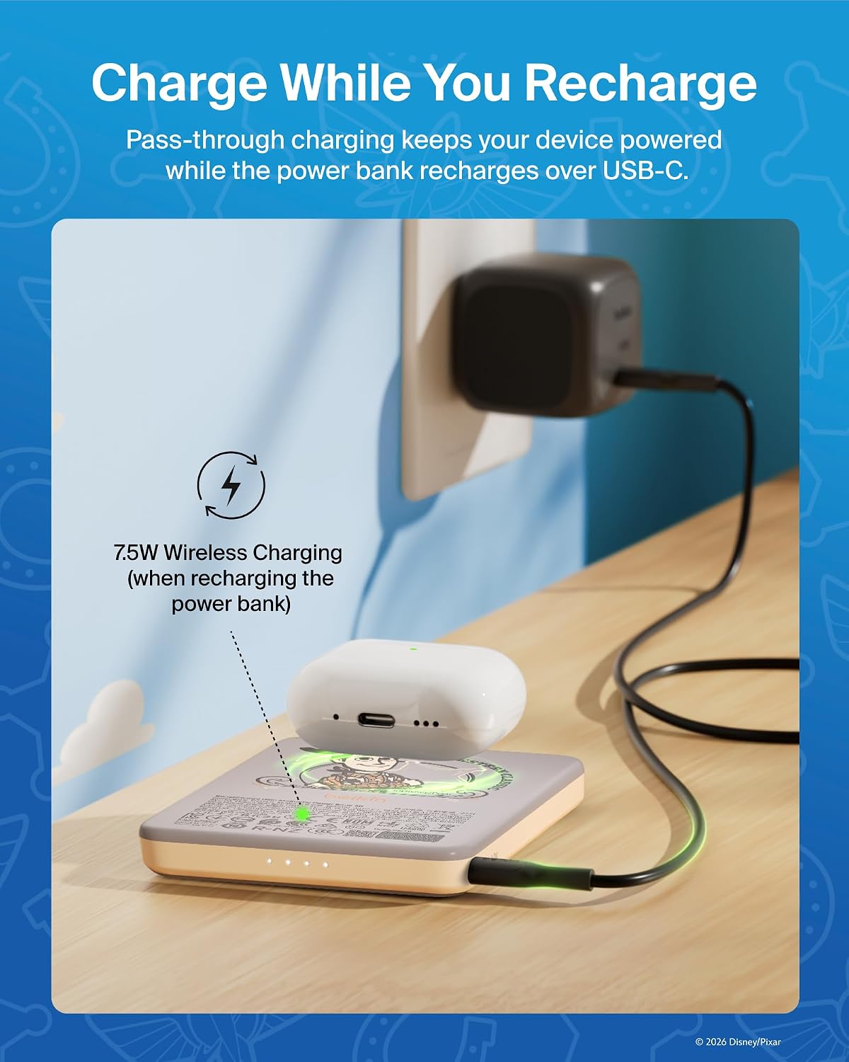 Belkin Disney Toy Story 5 Magnetic Power Bank 5000mAh Portable Charger | Wireless Charging Battery Pack, iPhone 17, iPad, Samsung Galaxy, Pixel, Ultra Slim, USB C Port, USB C Cable, Charge 2 Devices