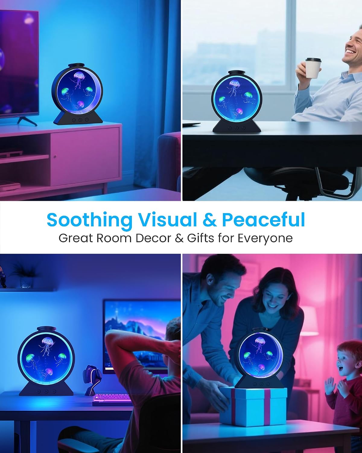 Jellyfish Lamp for Sleep Anxiety Calming Night Light for Bedroom(Black) | Whisper-Quiet Sensory | 7 Soft Color Modes | Adjustable Water Flow | 8H Auto-Off Timer | Rounded Tank Lamp Gift for All Ages