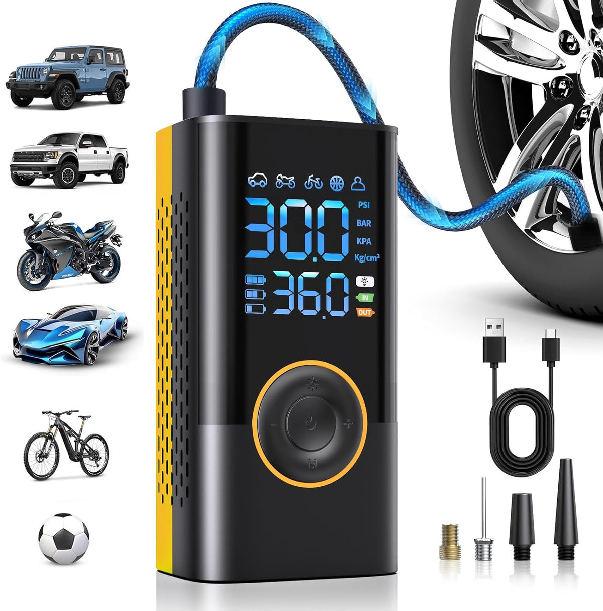 Tire Inflator Portable Air Compressor Portable Cordless Mini Air Pump with Digital Pressure Gauge Inflater 150PSI 3X Fast Inflation Auto Shutoff Large Battery Tires Pump for Cars Motors Bikes Balls
