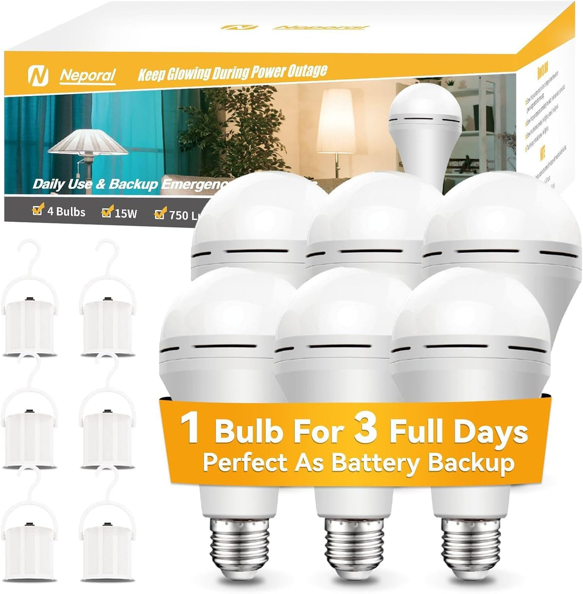 Neporal A19 Rechargeable Light Bulbs Emergency Light Bulb for Power Outages, Led Bulb 60 Watt Equiv., Self-Charging Light Bulb 1200mAh Battery Backup Light Bulbs for Daily, Emergency Use (Daylight)
