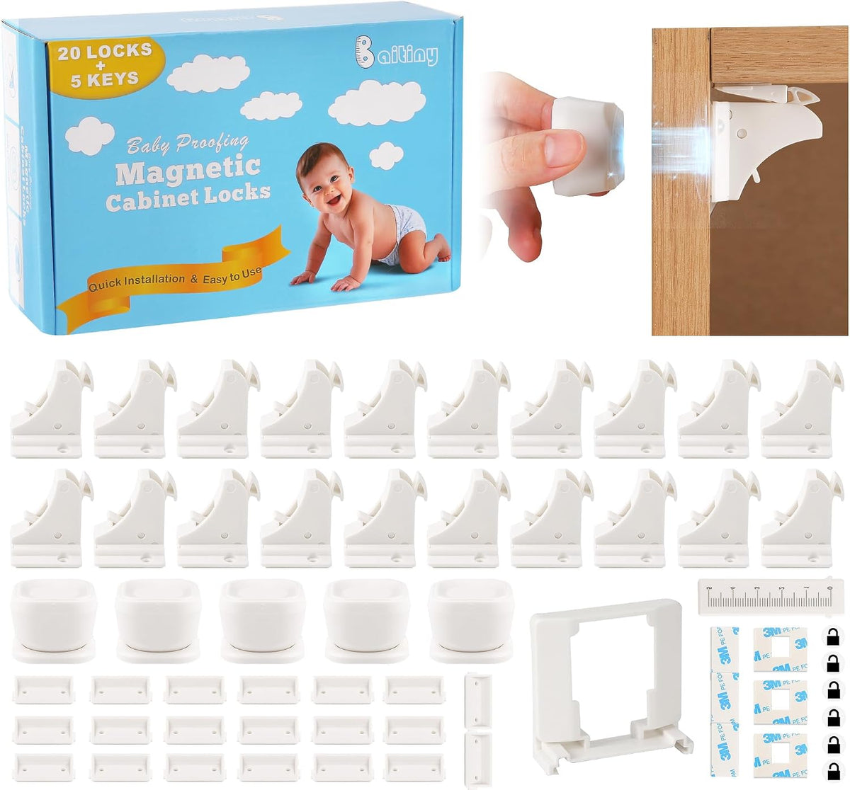 Magnetic Cabinet Locks for Baby Proofing, 12 Pack with 3 Keys