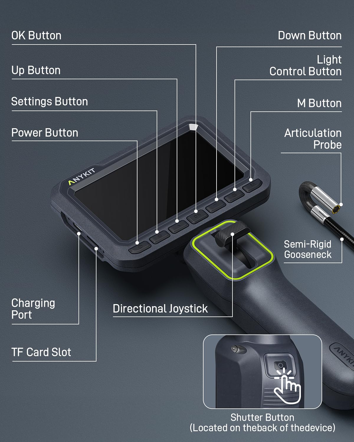 Anykit 210° Two-Way Articulating Borescope, 0.22in Slim Probe Endoscope | 4.3" IPS HD Video Inspection Snake Camera with High-Brightness LED Lights, for Automotive Engine Inspect - 4FT