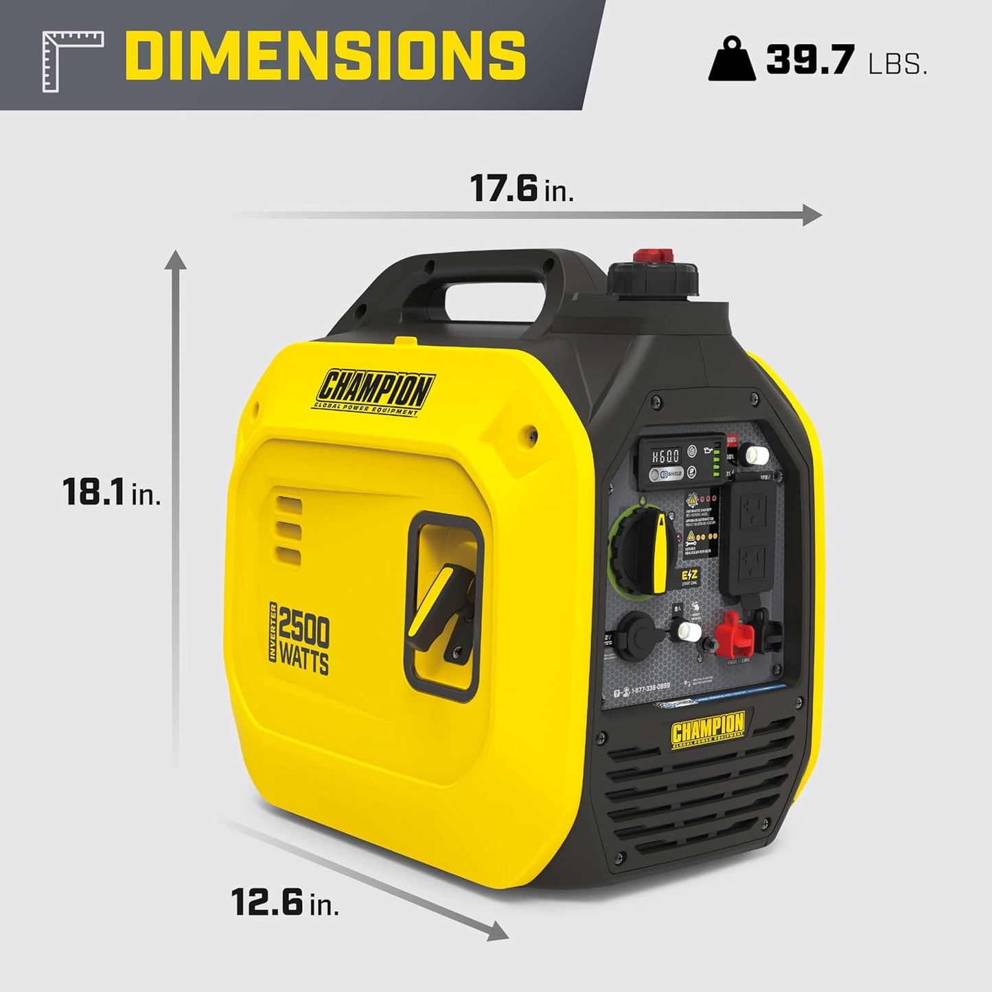 Champion Power Equipment 2500-Watt Ultralight Portable Inverter Generator with Quiet Technology and Free 3-Year Warranty | 39.7 lb, 53 dBA quiet, 1850 running watts, up to 11.5 hr run time, CO Shield auto shutoff, clean power under 3% THD
