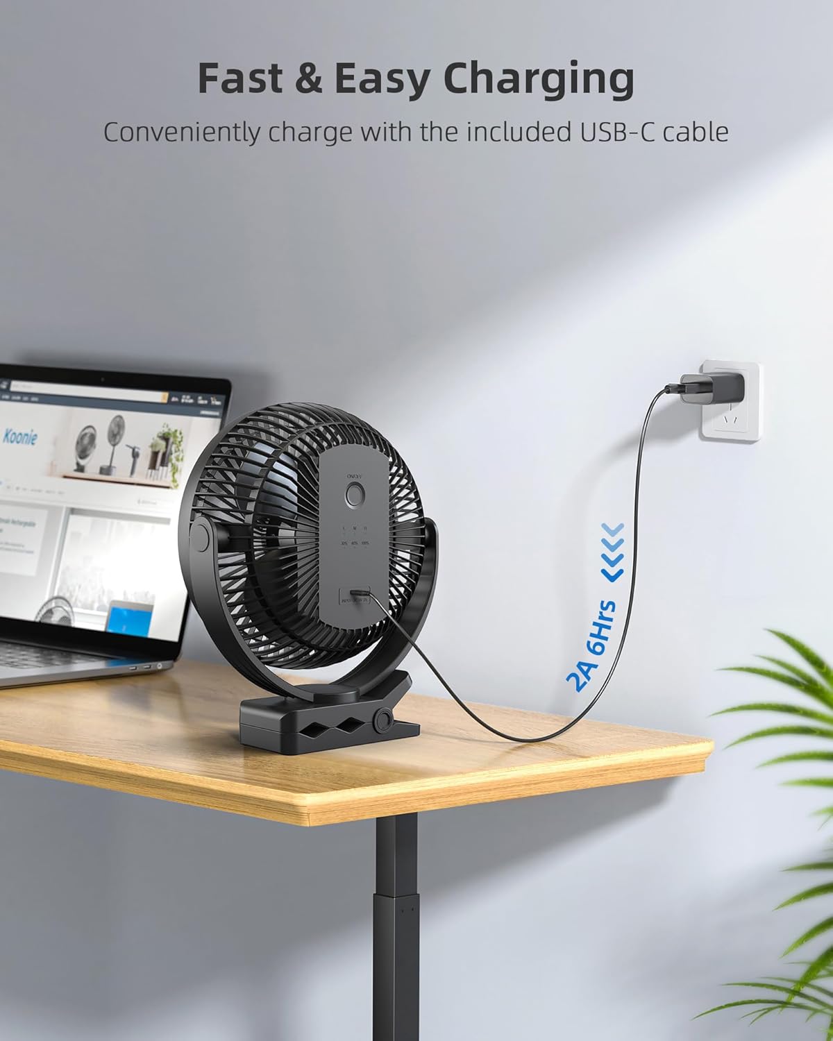 Koonie 8" Clip on Fan, 10000mAh Rechargeable Battery, Strong Airflow | 4 Speeds, Sturdy Clamp, Ideal Portable USB Desk Fan for Office, Golf Cart, Camping, Travel, Tent, Outdoor, Treadmill & Gym