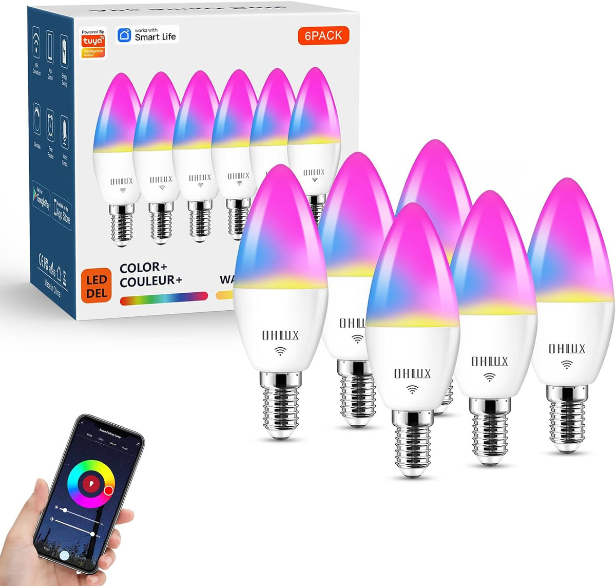 OHLUX Smart Light Bulbs 8Pack, WiFi & Bluetooth, RGB Color Changing, 100W Equivalent, Dimmable, A19 E26 110V, Compatible with Alexa, Google Assistant, Music Synic