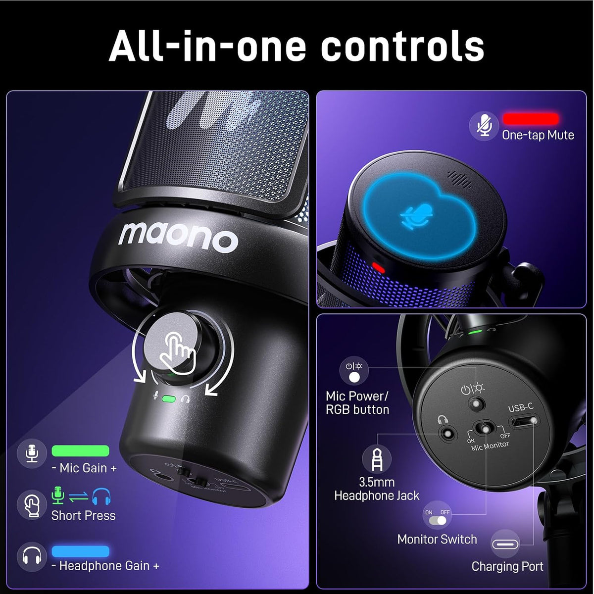 MAONO Wireless Microphone for PC,Gaming Streaming Condenser Mic with Software AI Voice Change,3-Level Noise Cancellation,Custom EQ,Gain Control USB Mic for Podcast Recording (DM40-Black)