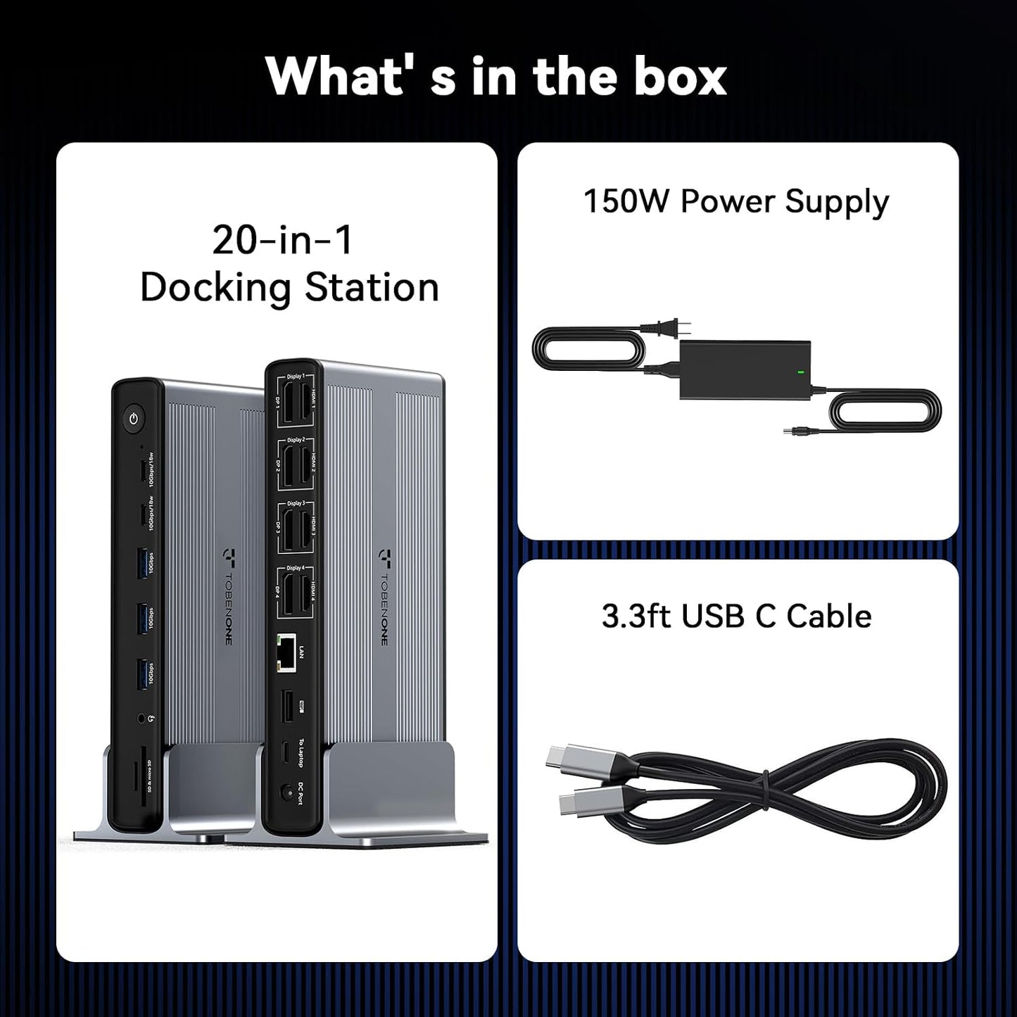TobenONE DisplayLink Docking Station 4 Monitor 20-in-1 Quad 4K@60Hz Display | 4HDMI+4DP, 150W Power Supply, Thunderbolt 5/4/3 & USB-C Compatible, Windows, Chrome, MacBook, 6 USB, Ethernet, SD/Micro SD