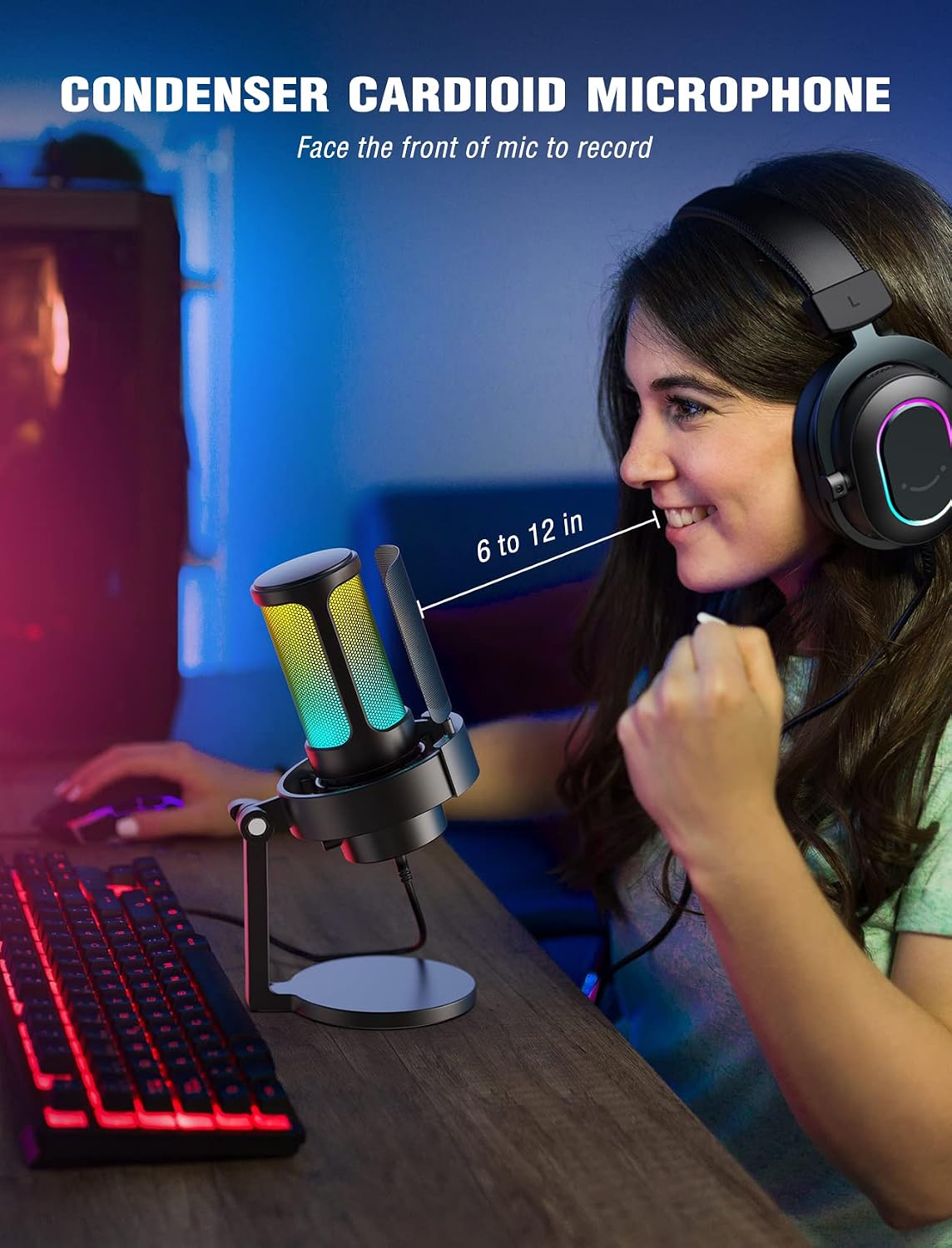 FIFINE AmpliGame A8 USB Gaming Condenser Microphone with RGB Control for PC | RGB Control, Gain Knob, Quick Mute, Desktop Mic, Headphone Jack, Shock Mount, Pop Filter, for PS4/5 Discord Twitch Podcasts