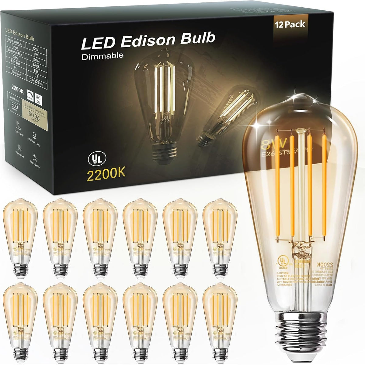 TJOY 12 Pack Edison LED Light Bulbs, E26 Base, 8W 2700K, Dimmable