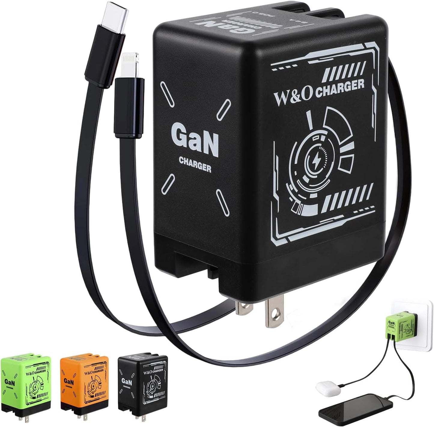 2-in-1 GaN Charger Fast Charging, with Lightning and Type-C Cables, Green | Retractable Phone Chargers, Foldable fast charger Compatible with iPhone&Most Android