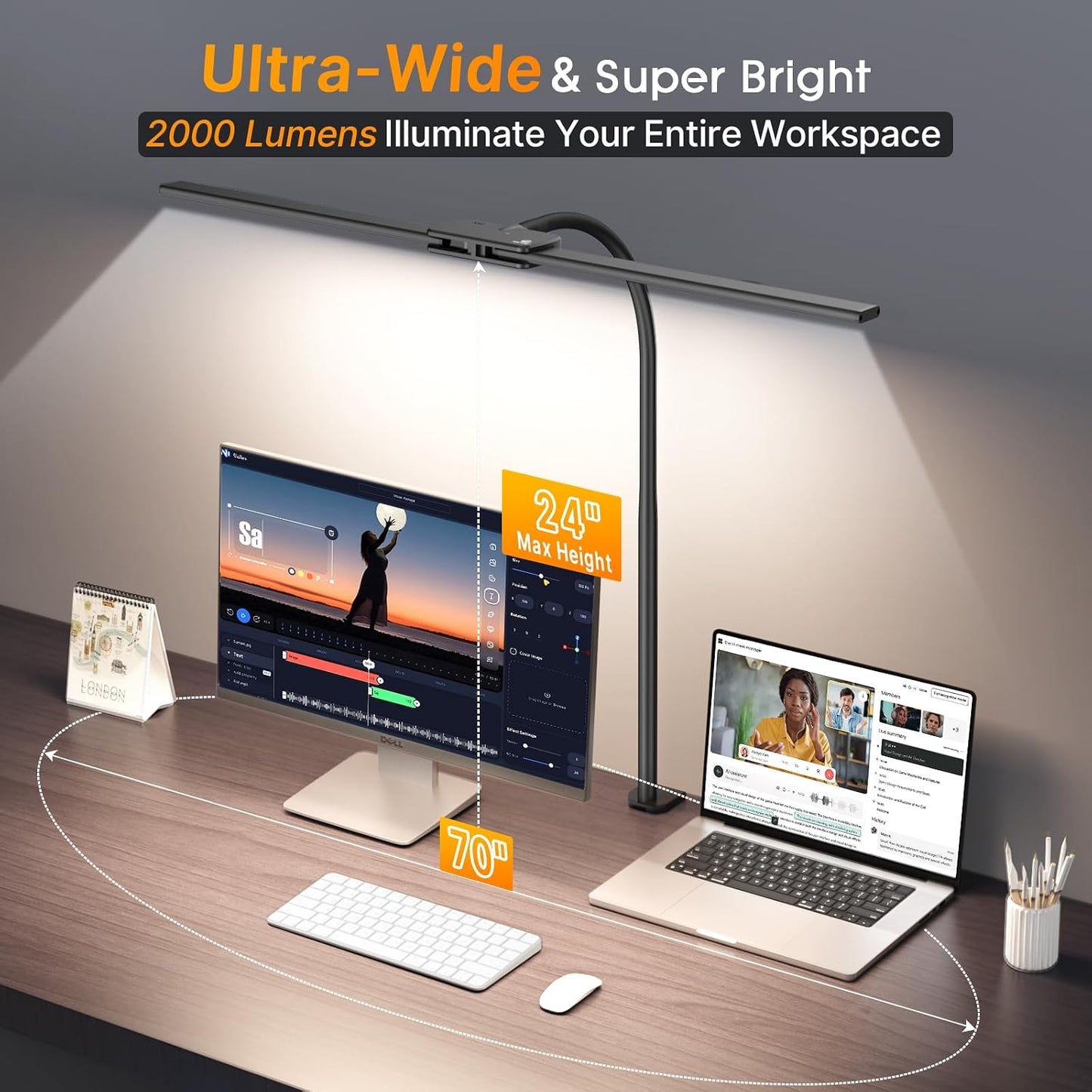 Syrinx LED Desk Lamp with Clamp, Dual Head Eye-Caring Architect Desk Lamp | Adjustable Swing Arms & Flexible Gooseneck, 50 Lighting Modes, Memory & Timer, Gesture & Wired Control for Office & Crafting