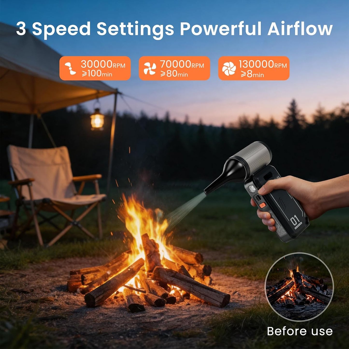 130,000 RPM Rechargeable Compressed Air Duster, Black | Stepless airflow, LED work light and 4 attachments for keyboards, computers, cars and narrow spaces
