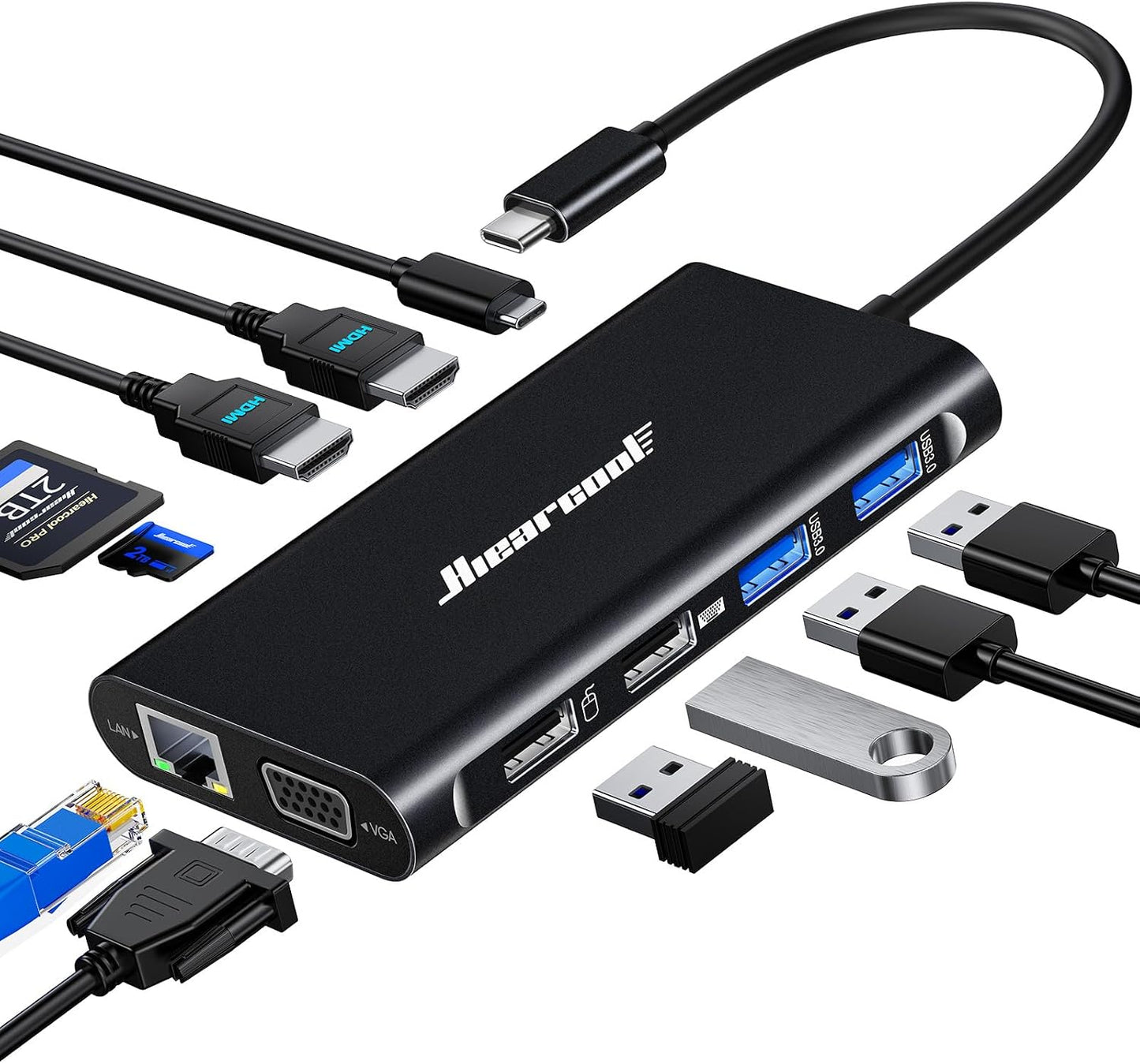 Hiearcool USB-C Docking Station for Laptop, Triple Display Dock with 4K HDMI & 1080p VGA, 11-in-1 USB-C Dock with Ethernet, 100W Charging for Home Office
