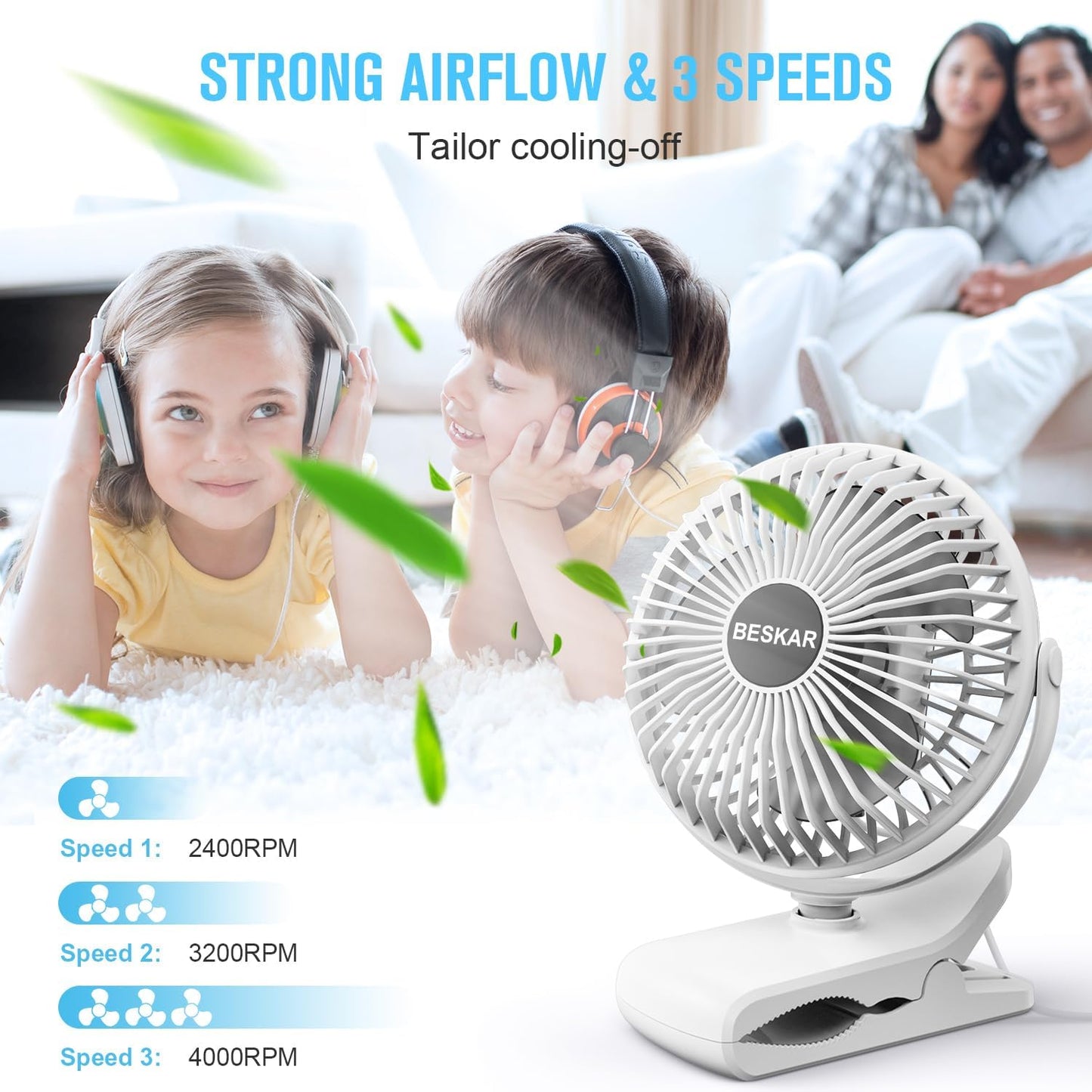 BESKAR USB Clip on Fan, Portable Small Desk Fan with Cord Powered | 3 Speeds Strong Airflow, Sturdy Clamp, Ultra Quiet Personal Cooling Fan for Office Dorm Bedroom Stroller