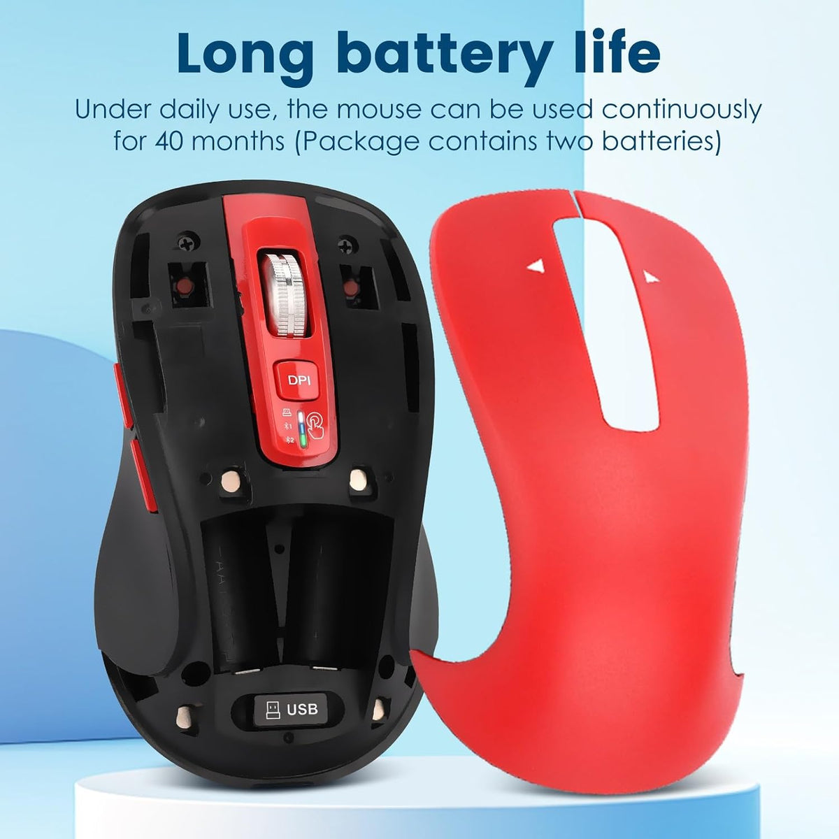 CITLLA Wireless Bluetooth Mouse (USB + BT1 + BT2), Full Size, 4-Way Scrolling, Multi-Device Silent Mouse for Computer, Laptop, iPad, MacBook (Red)