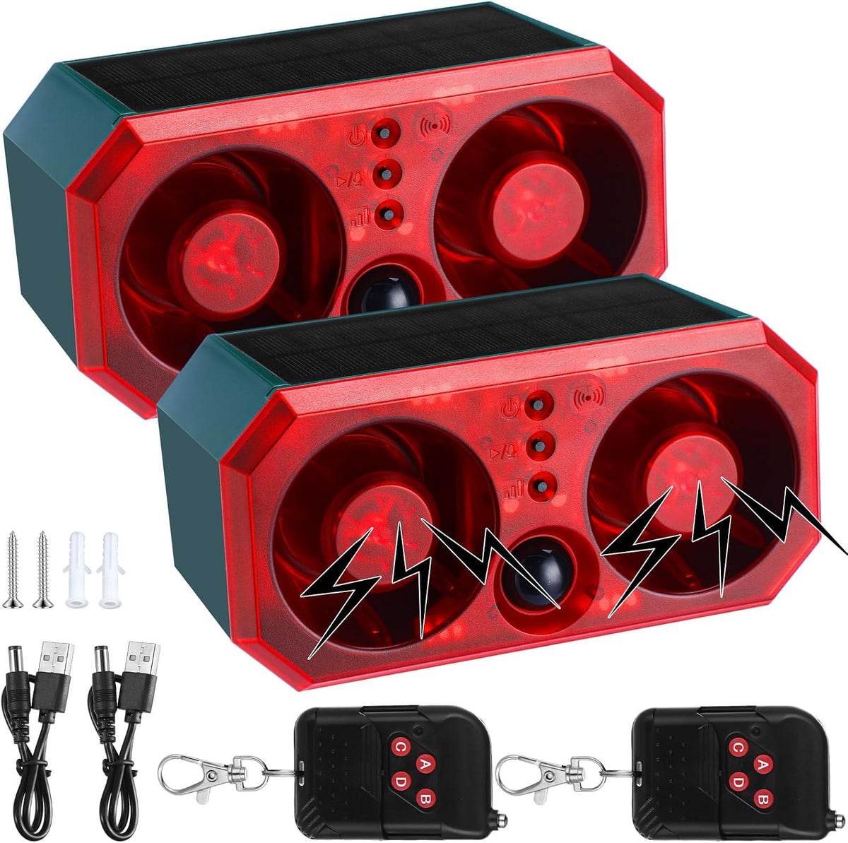 Qualirey 4 Pcs Solar Outdoor Motion Sensor Alarm Motion Sensor Animal Deterrent Dog Barking Alarm 13 Sound 130dB Loud Noise Maker 4 Mode with USB Remote Control Support Recording Volume Adjustment