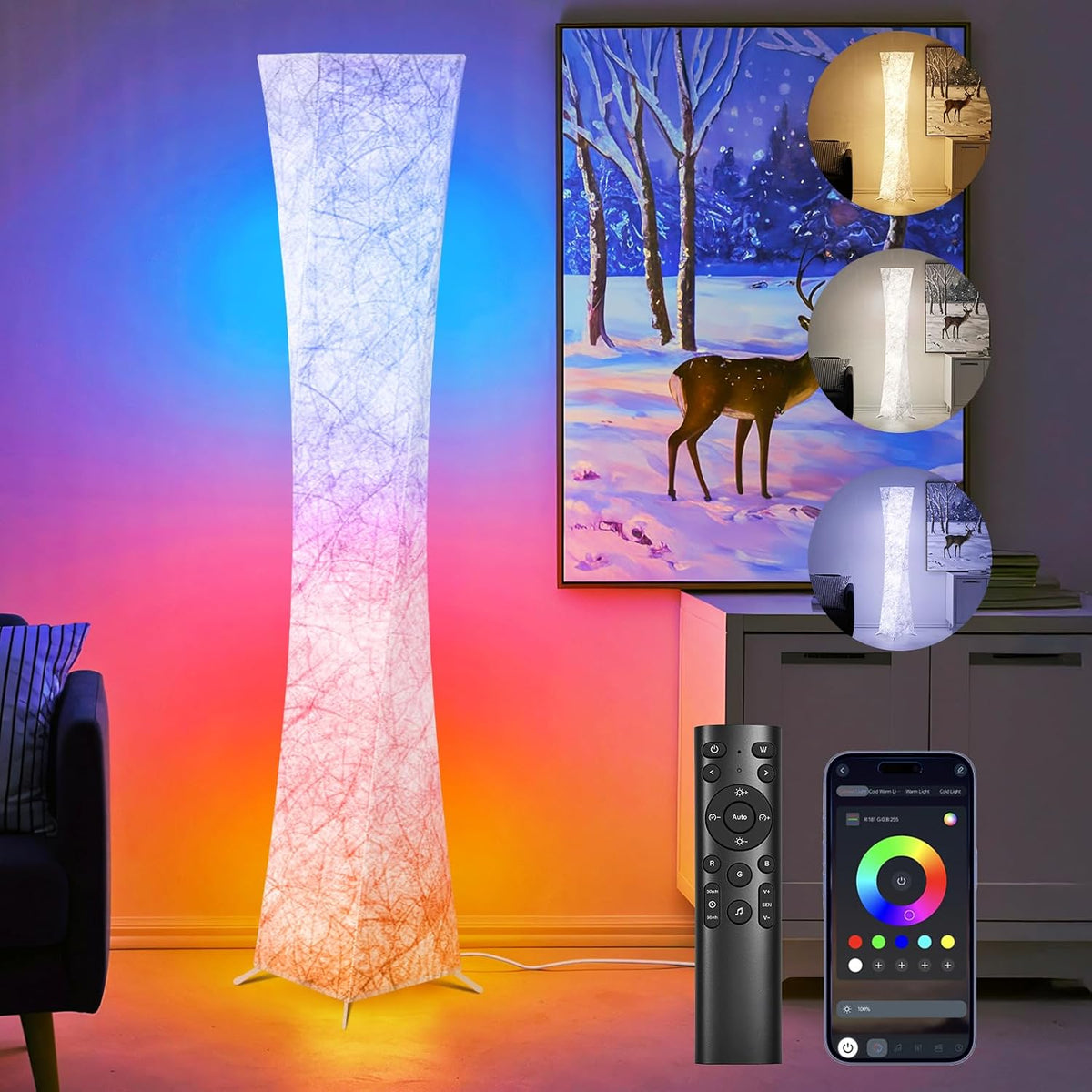 WORLD WIN Floor Lamp, 61'' Smart RGB LED Corner Lamp with Music Sync and 16 Million DIY Colors, 3 Color Temperature, APP & Remote Control, Color Changing Standing Floor Lamp with Stand