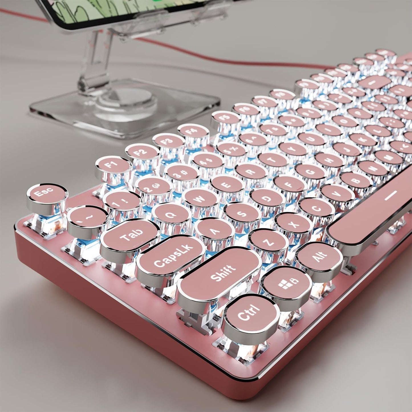 SEUNKWANG Typewriter Style Mechanical Gaming Keyboard with White Backlit, Wired Retro Punk Computer Keyboard Durable Metal Panel, Clicky Blue Switch, Round Keycaps, Full-size for PC/Desktop/Win, Black