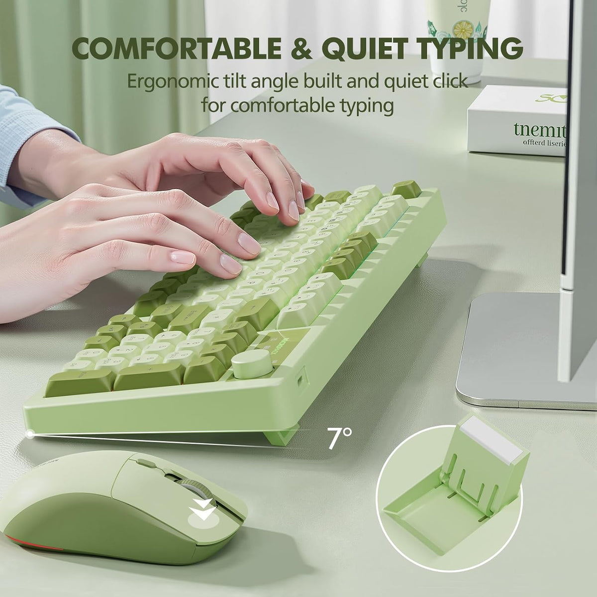 Wireless Keyboard and Mouse Combo Creamy with Number Pad for Desktop Mac iPad Bluetooth/2.4ghz/Wired Rechargeable Light up RGB Quiet Compatible with PC Laptop Tablet (Green)