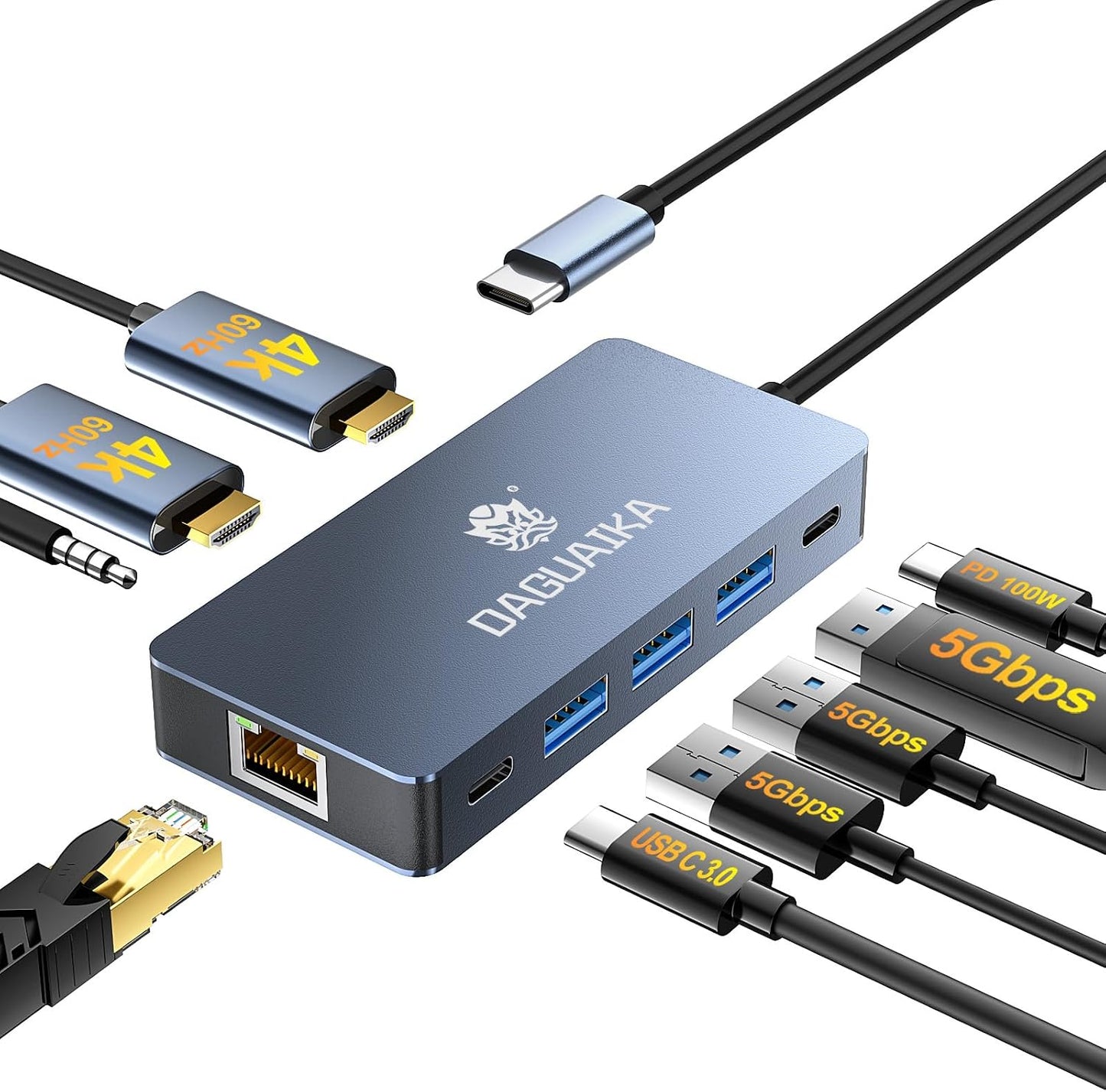 USB C to Dual HDMI Adapter 4K@60Hz, 4-in-1 HDMI Splitter for Dual Monitors, 100W PD Charging, USB A Port, Docking Station for MacBook/LenovoYoga/Thinkpad, XPS and More (macOS only Support SST Mode)