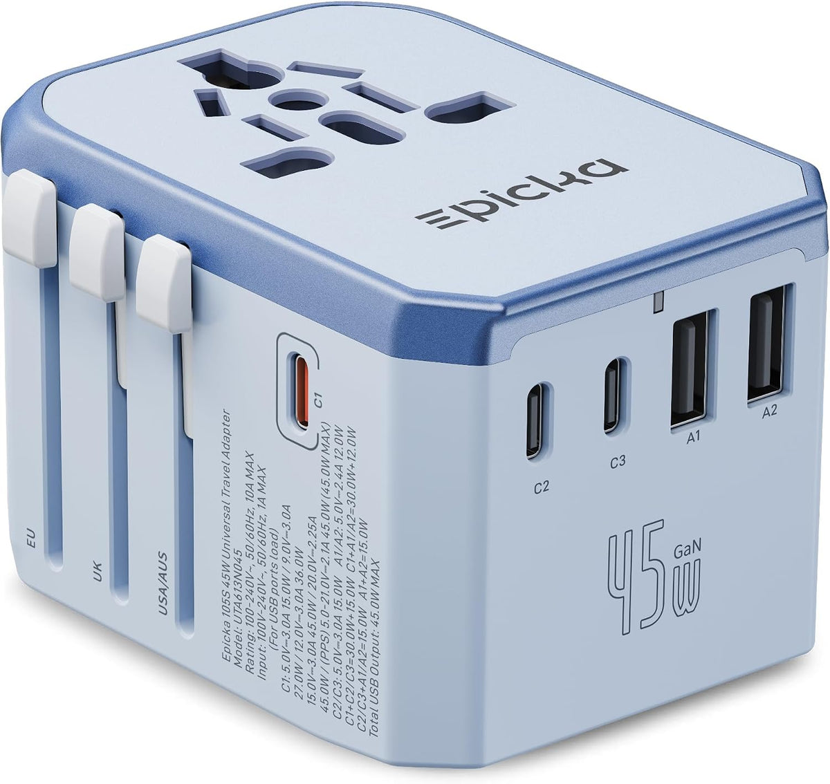 EPICKA 45W Universal Travel Adapter PD&QC, 1AC/4USB-C/1USB-A | Travel Plug Adapter for EU/US/UK/AUS, Fast Charging for Multi-Device, Not A Voltage Converter, TA-105S, White