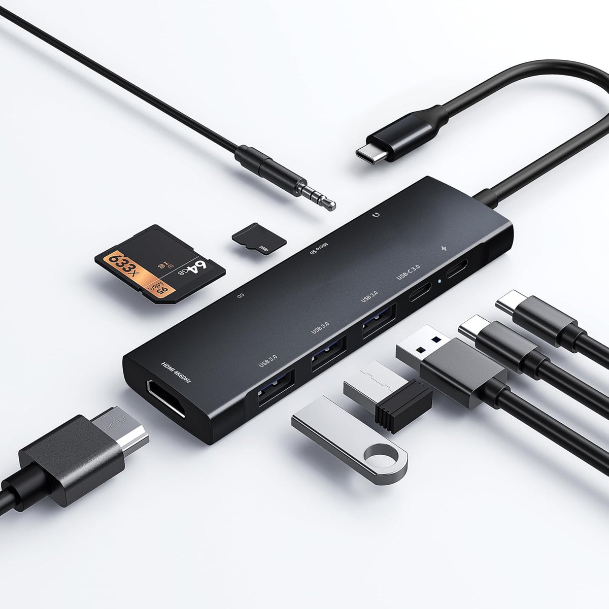 USB C HUB for iPad Pro 9-in-1 Adapter iPad Pro M4 M2 M1 13 12.9 11 inch iPad Air 5 4 Docking Station with 4K HDMI, USB-C PD, SD/TF Card Reader, USB 3.0, 3.5mm Headphone Jack, Type C Data, iPad mini 6