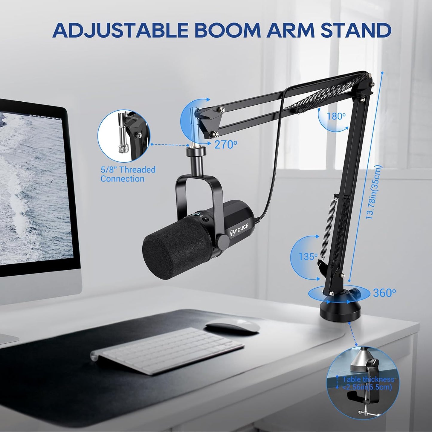 FDUCE Dynamic Microphone, XLR/USB Podcast Recording PC Microphone for Vocal Voice-Over Streaming, Studio Metal Mic with Mute, Headphone Jack, Monitoring Volume Control, with Boom Arm (SL40+)