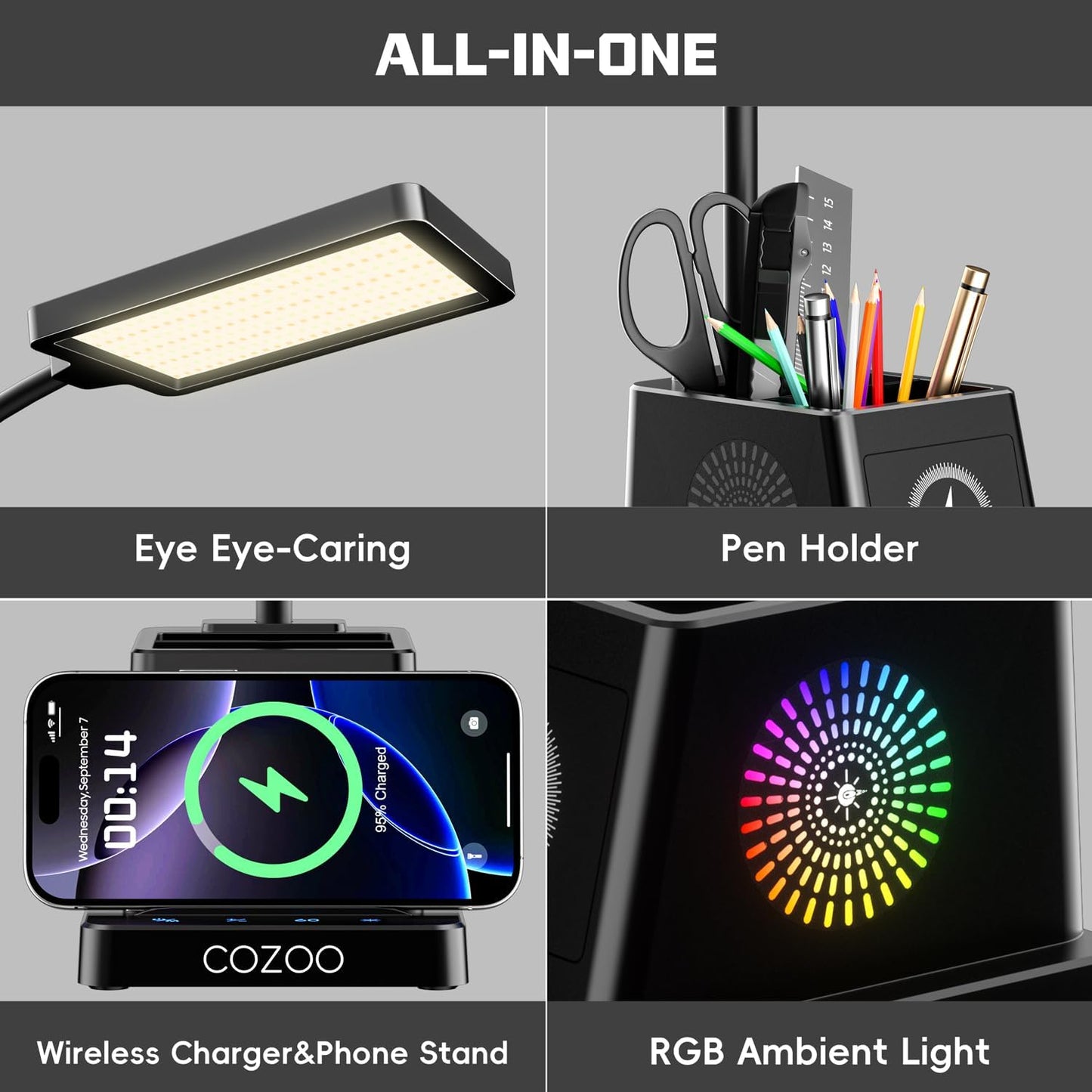 LED Desk Lamp for Dorm Office, 15W Wireless Charger Pen Holder, Black | Desk lamps for Home Office, 15W Wireless Charger, 3 Color Modes 4 Brightness Leves CRI 95, 800 LM Small Table Lamp for Dorm