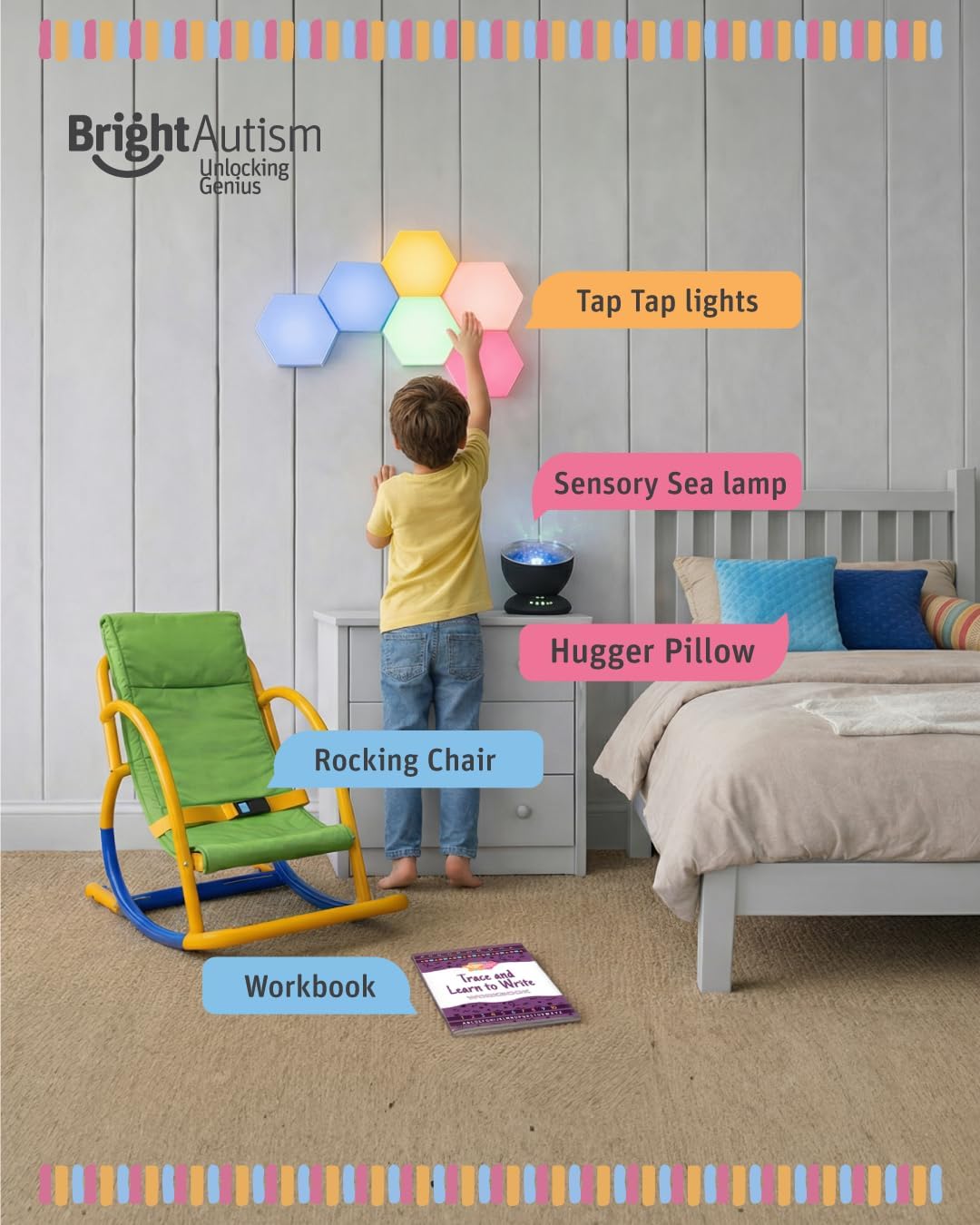 Bright Autism Tap-Tap Touch Sensory Lights, Dimmable 10-Piece Set for Kids