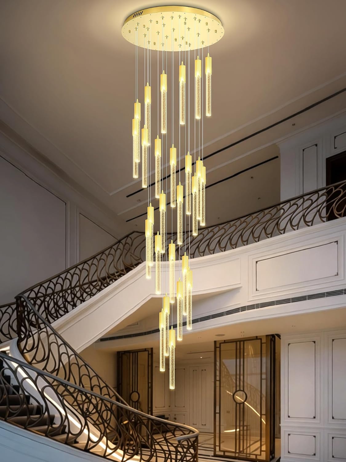 Flashing God Gold 28 Lights Large Foyer Chandeliers for High Ceilings 12 feet Long Spiral Stair Pendant Chandelier Crystal Ceiling Light Fixtures Dimmable 2700k-4500k-6000k