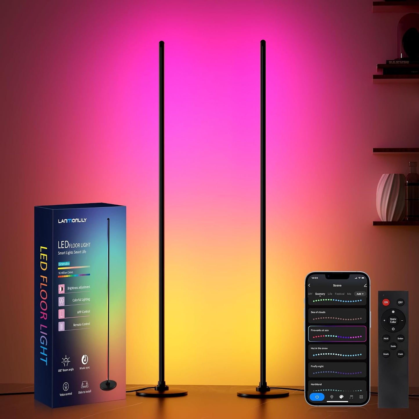 Lanmonlily LED Floor Lamp, Corner Lamp Compatible with Alexa, Smart Modern Floor Lamp with Music Sync 16 Million Colors & 68+ Scene RGBICW Floor Lamp for Bedroom Living Room and Gaming Rooms