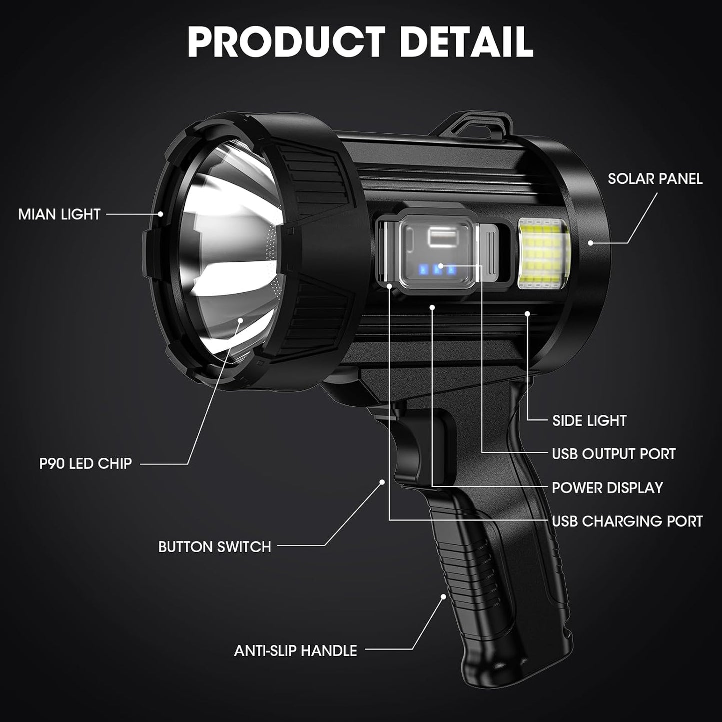 Kmivo Rechargeable Spotlight, 2,000,000 Lumens Super Bright Handheld Led Flashlight, Outdoor Spot Light with Cob Light and Solar Panelsfor Boating Camping