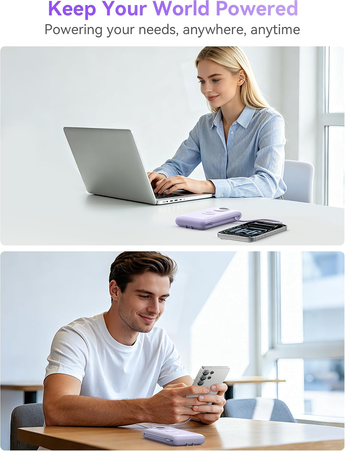 Portable Charger Power Bank 10000mAh PD20W w/Built-in Cables & AC Plug | Portable charger iphone,Fast charging, Built-in wall plug, LED display, Charge 6 devices at once, Pass through charging