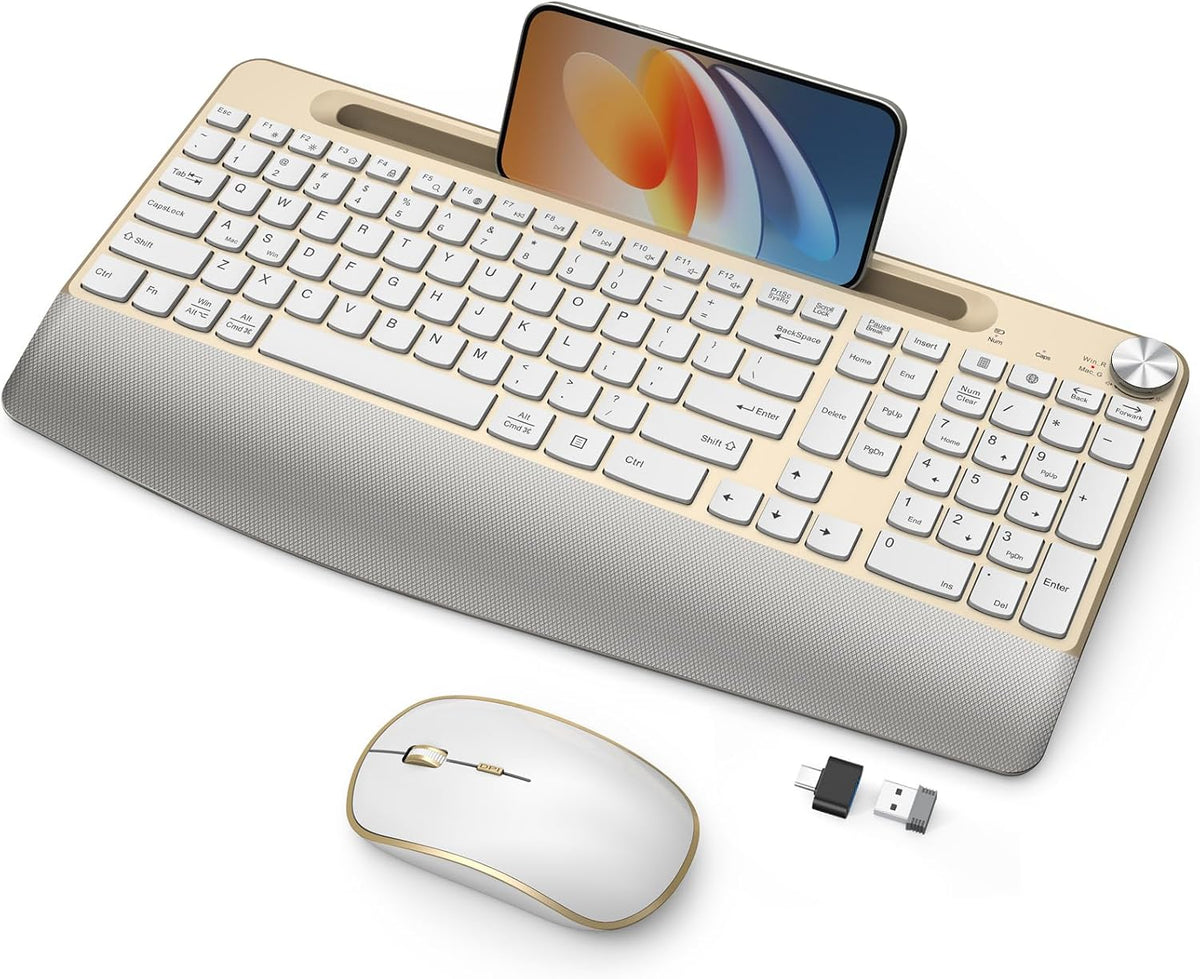 JOYACCESS Ergonomic Wireless Backlit Keyboard with Phone Holder,Rechargeable Wireless Keyboard Mouse Combo with Light Up Keys for for Laptop, PC, Mac, Windows-Grey