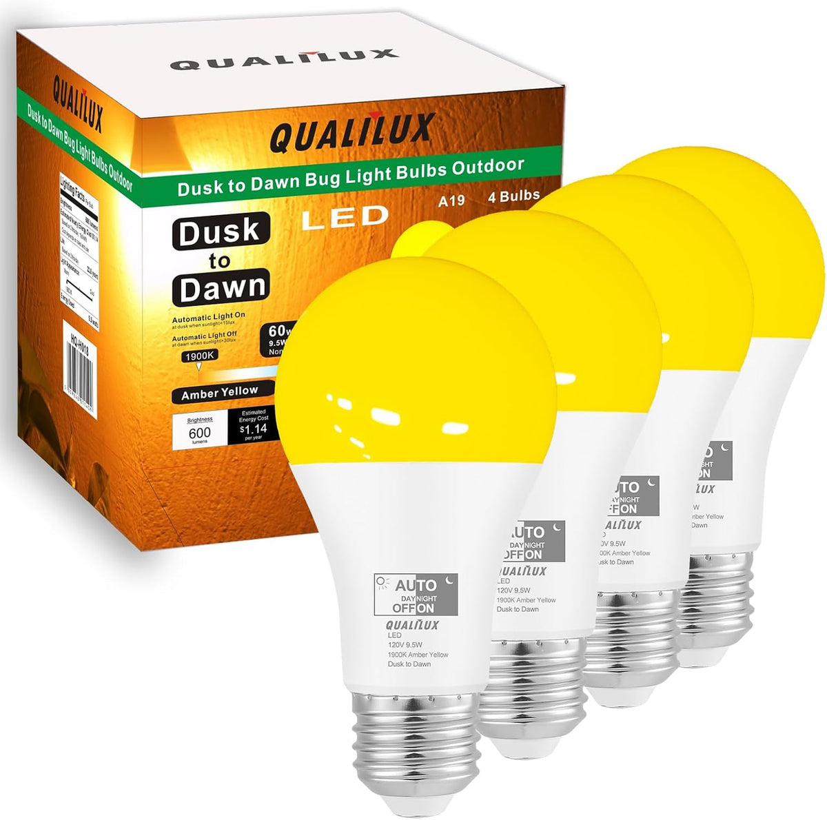 Qualilux Dusk to Dawn Candelabra Bulbs Outdoor, CA11 Vintage, Candle Flame Tip Full Glass, Non-Plastic, Soft White 2700K, 4W=40W, 450LM LED Light Sensing Auto On/Off Bulb, E12 Base, 4-Pack, HQ-H035