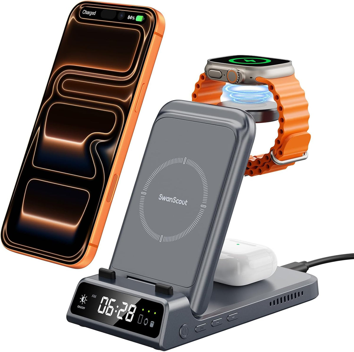 Charging Station for iPhone 17/Air, SwanScout 703A, Wireless Charger for iPhone 16/15/14/13/12/11 Series, for Apple Watch 11/10/9/8/7/Ultra 3/SE 2, for Airpods Pro 3/2, Foldable & Portable, No Adapter