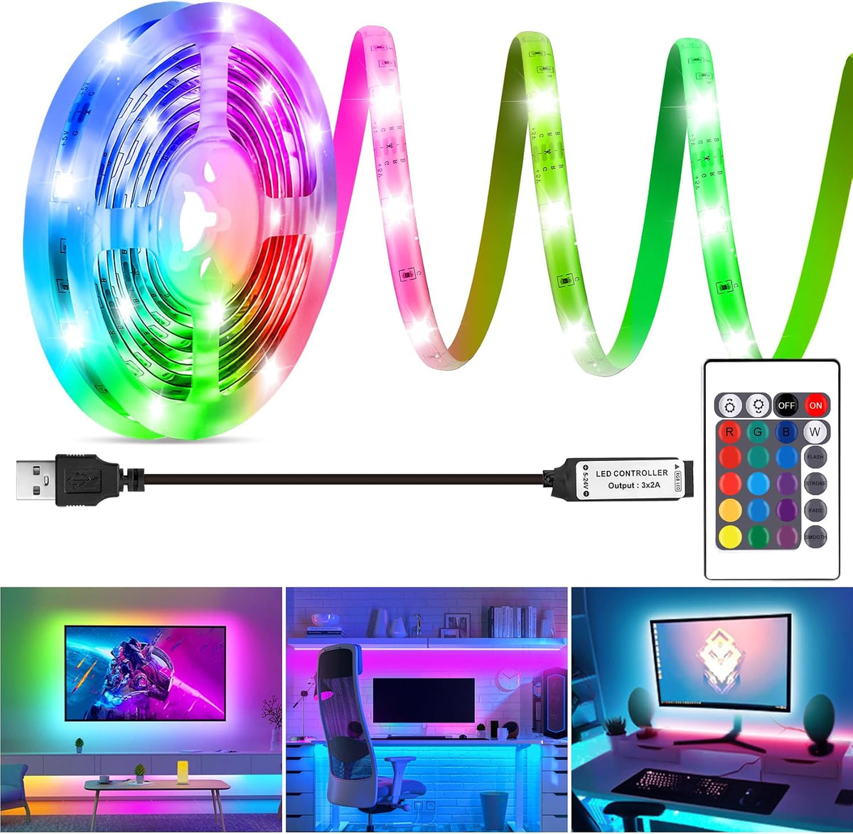 USB RGB LED Strip Lights Kit 2-Packs 6.56Ft IP65 Waterproof with Remote
