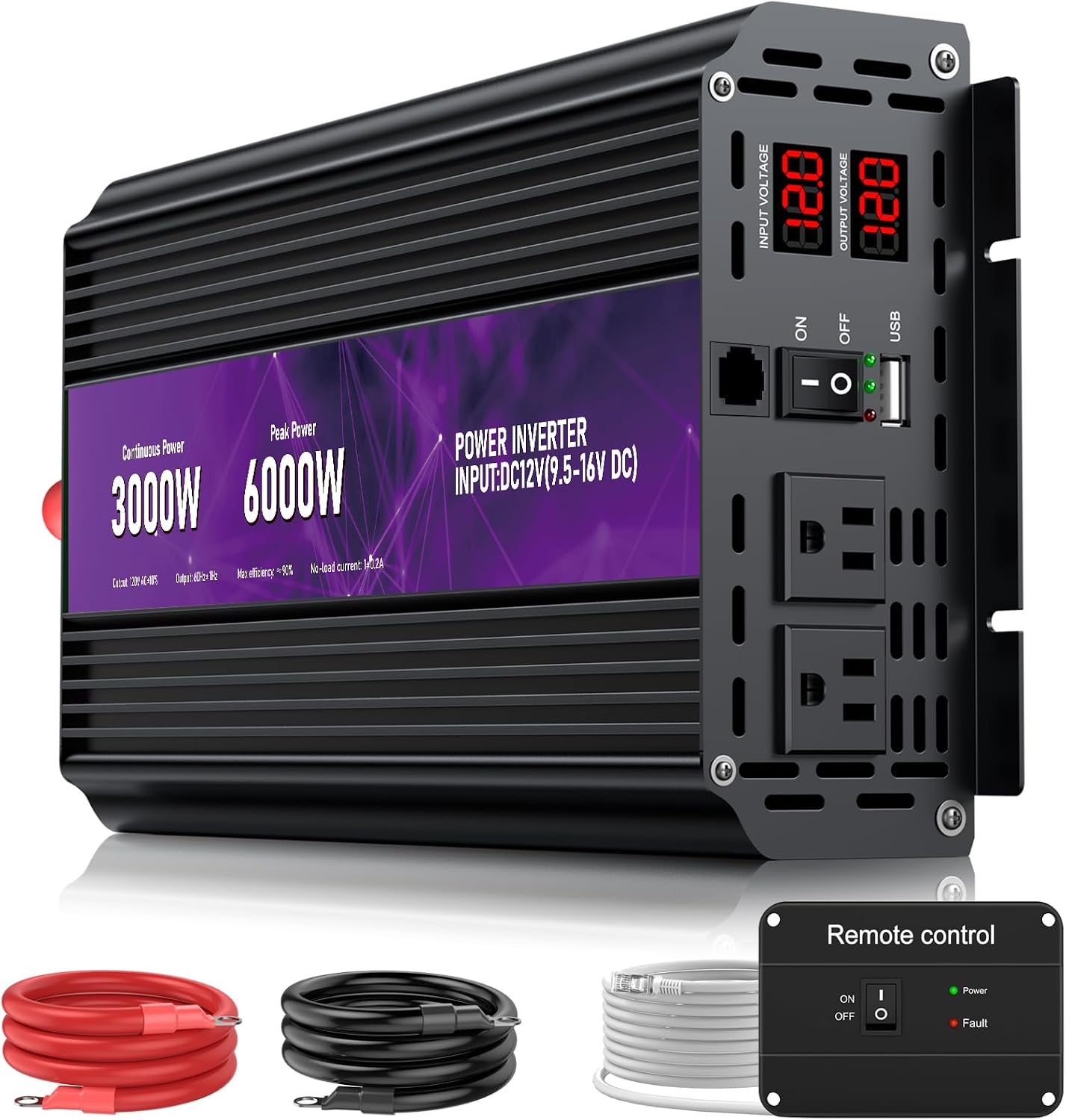 3000W Power Inverter 12V DC to 110V/120V AC Converter, 6000W Peak RV Use | LCD Display & Remote Control, Dual AC Outlets,3.4A USB Port for RV, Truck, Solar System, Emergency Backup, Camping,Off-Grid