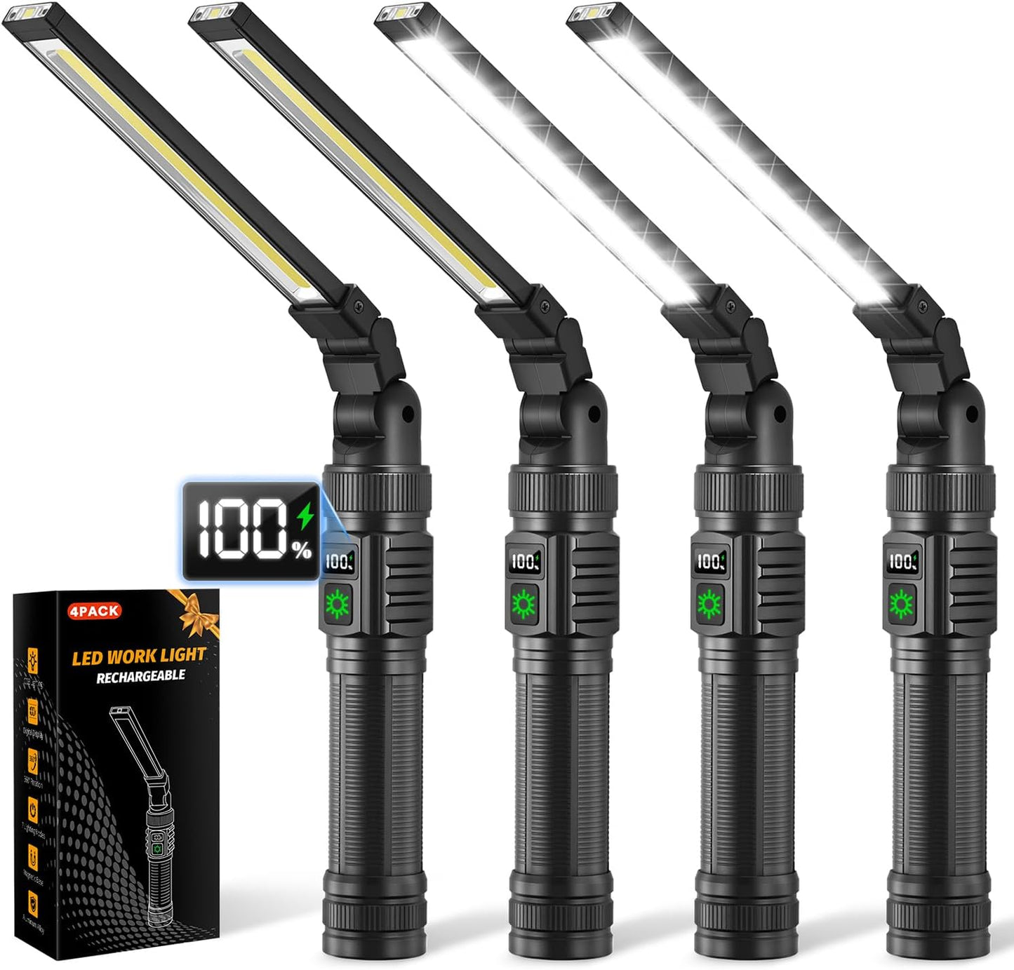 2Pack Magnetic Rechargeable LED Work Light/Flashlight for Mechanics | All Aluminum, 1500 High Lumens, Digital Display, 7 Modes, 360° Rotation, for Car Repairing, Emergency, Gifts for Father