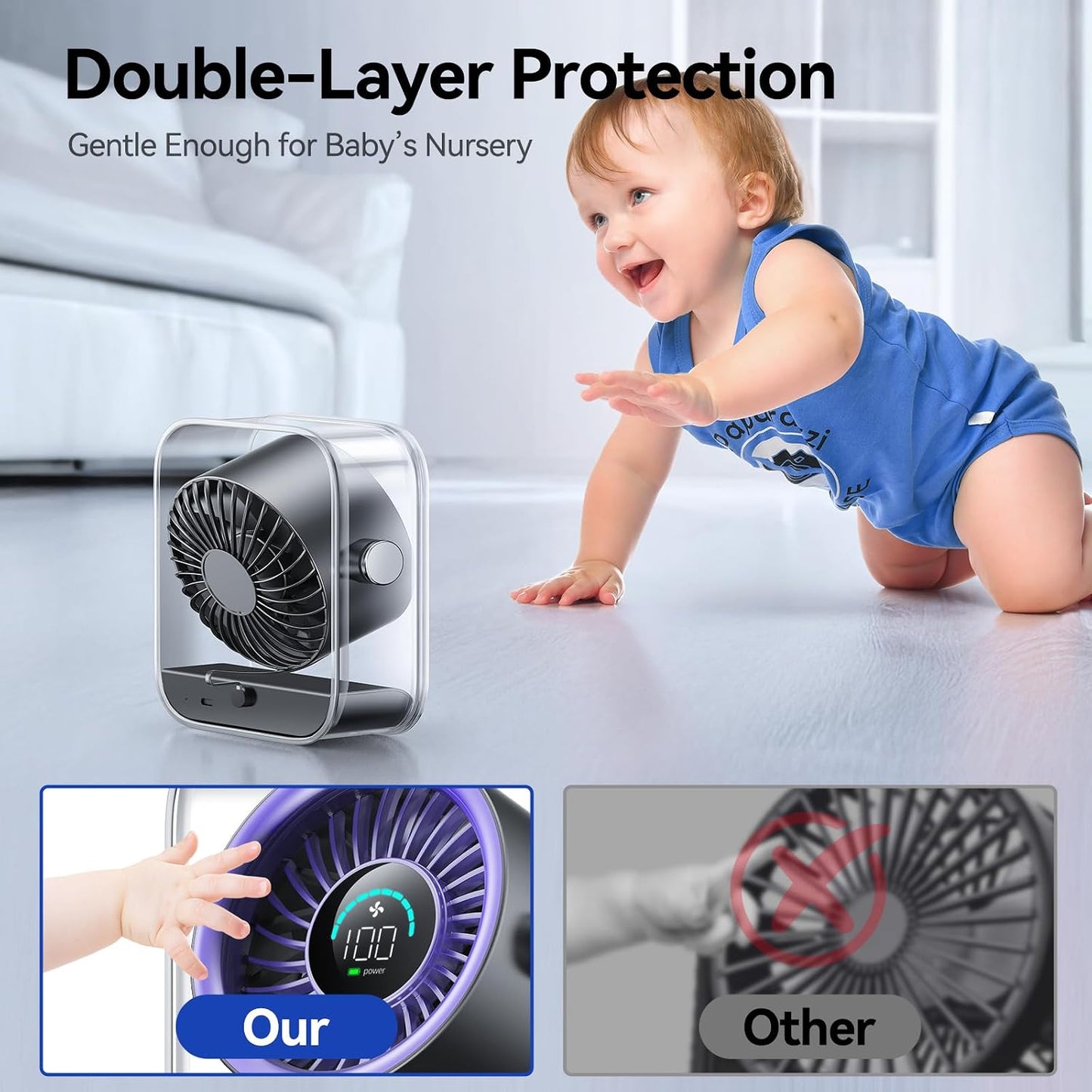 KIMMOO Rechargeable USB Desk Fan, Quiet Table Fan with Turbo Airflow, 100 Speeds, Digital Display, 90° Rotating, Small Battery Desktop Fans for Bedroom Home Office Travel, Purple