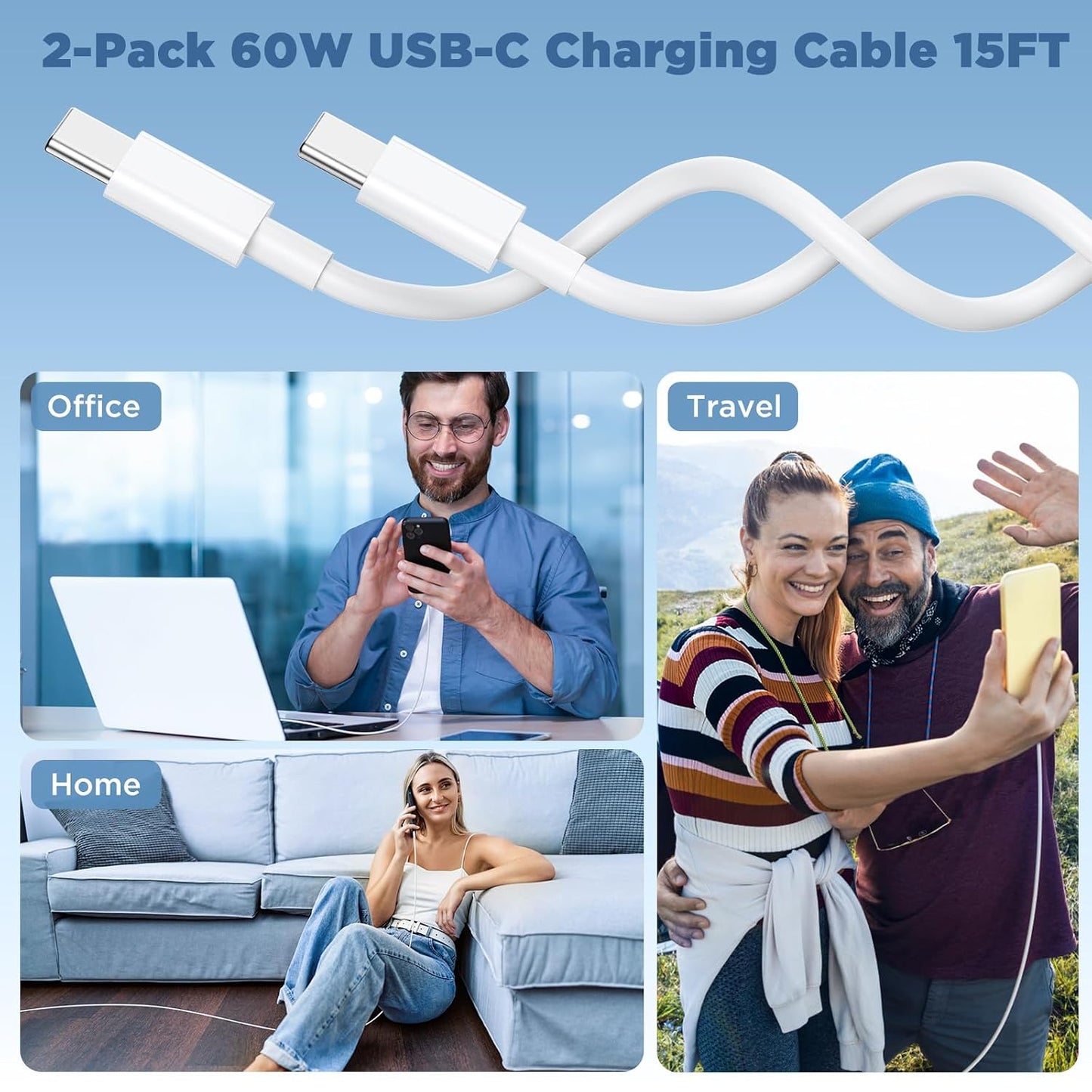 Long USB C to USB C Cable 15FT for iPhone 17 16 15 Pro Max,60W Fast Charging Type C to Type C Charger Cord for iPhone 17 16 15/16 15 Plus/17 Air/17 16 15 Pro, iPad Pro/Air,MacBook,Galaxy S25-White
