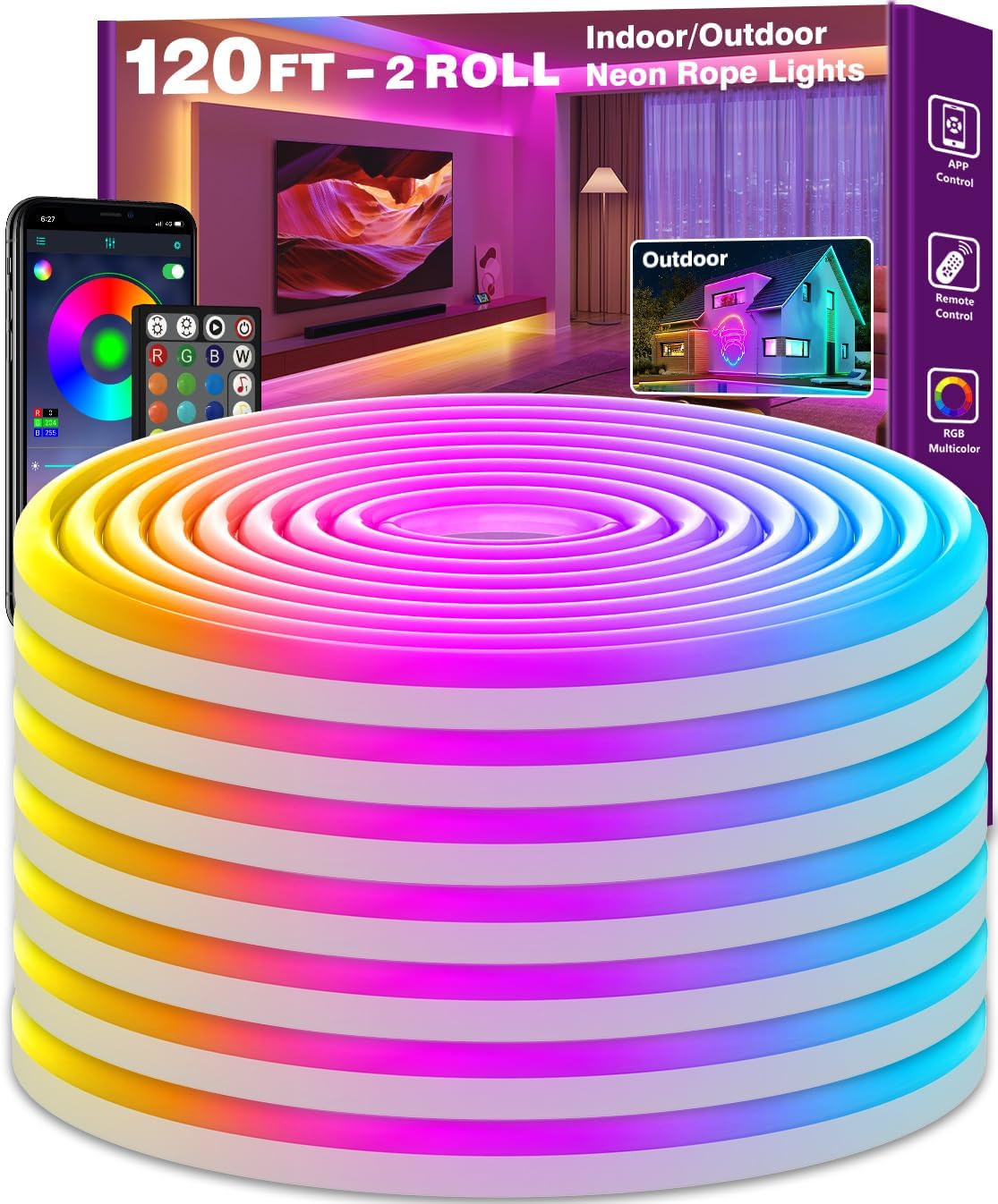 SINLEY Led Neon Rope Lights 60FT,Control with App/Remote,Flexible Led Rope Lights,Multiple Modes,IP68 Outdoor RGB Neon Lights Waterproof,Music Sync Gaming Led Strip Lights for Bedroom Indoor