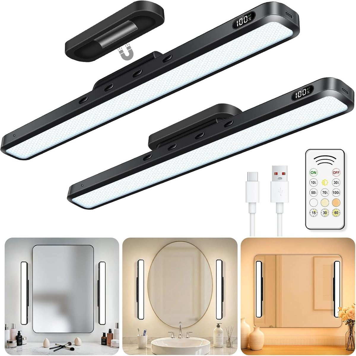 WILLED 3W Rechargeable Vanity Lights for Mirror with Remote Control,Eye-Friendly Mirror Lights Stick on,Adjustable Color Temperatures Makeup Light with Battery Display for Bedroom, Bathroom(2 Pack)