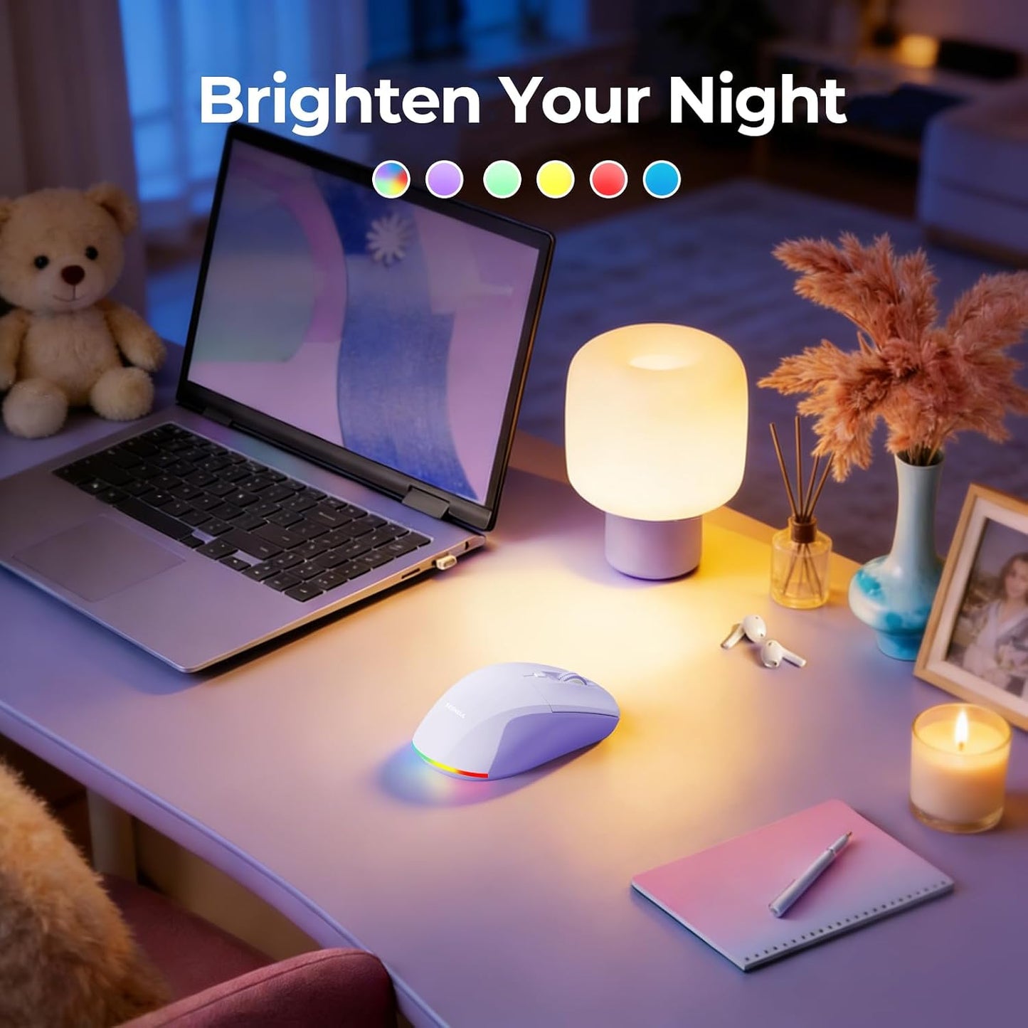 seenda MOU110 Wireless Bluetooth Mouse, Rechargeable & RGB, Purple | 2.4G USB & Bluetooth, Silent, 3-Level DPI, Right-Hand Ergonomic Mouse for Laptop, iPad, MacBook, Desktop Work & Casual Gaming