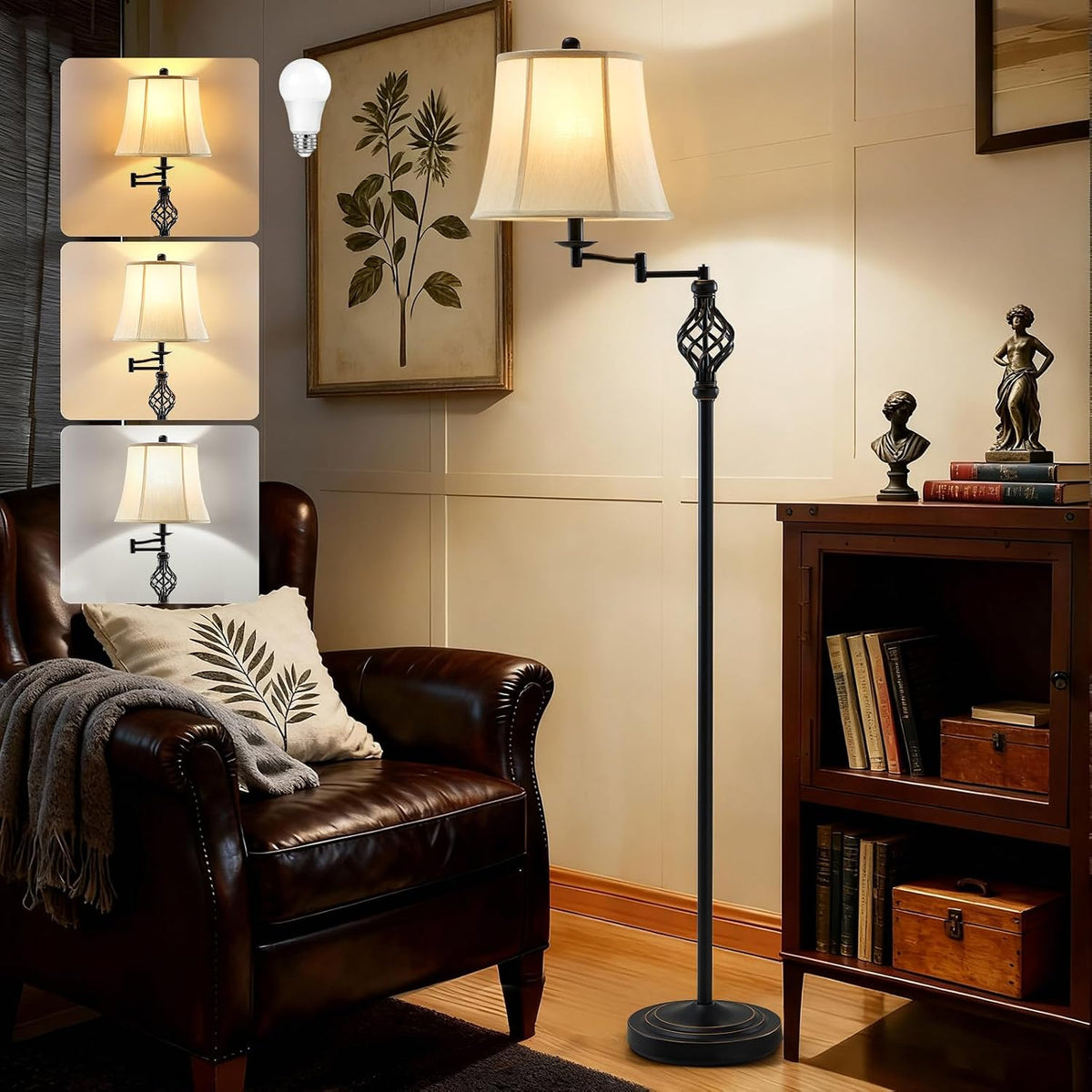 Floor Lamp for Living Room, Color Temperature 350° Adjustable Swing Arm Lamp Vintage Standing Lamp Traditional Farmhouse Standing Lamp Tall Lamp for Bedroom Office Home Nursery Study Room Hotel