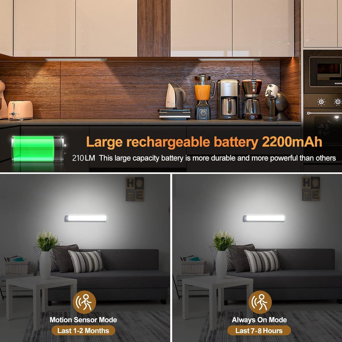 Under Cabinet Lights 2 Pack, 60 LED Dimmable Motion Sensor Light Indoor, Wireless USB Rechargeable with 3 Color Modes & Magnetic Mount for Kitchen, Pantry, Wardrobe, Storage, Hallway