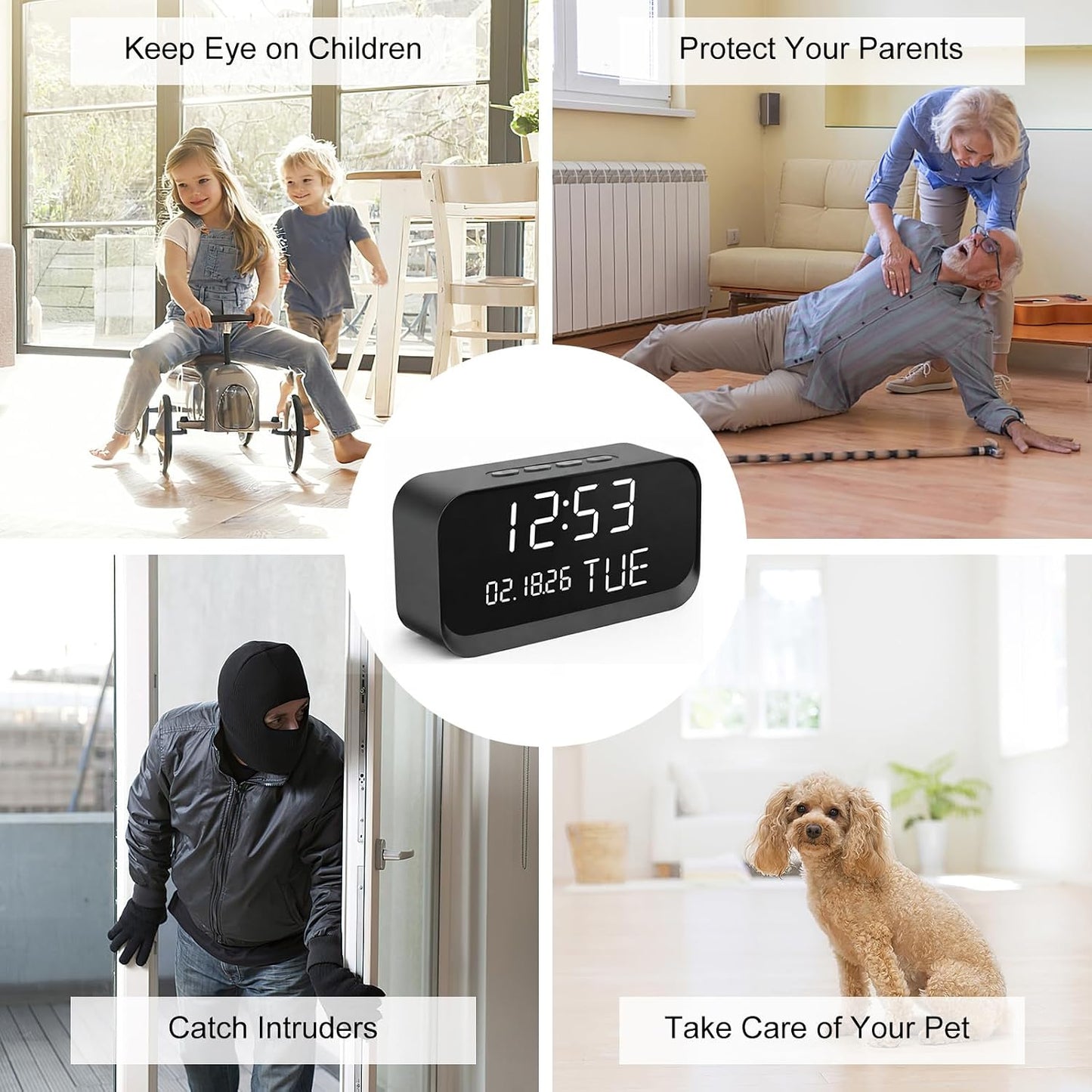 Clock Camera – Nanny Cam with 1080P HD Video, AI Motion Detection, Night Vision, Dual-Band 2.4/5GHz WiFi, Bluetooth Setup, Local & Cloud Storage, Indoor Security Camera for Home & Office
