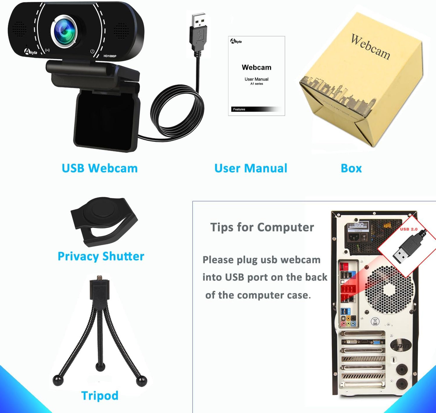 Akyta Webcam for PC, 1080P Webcam with Microphone/Tripod/Privacy Cover/Wide Angle 110°, Plug & Play USB Web Camera for Desktop Computer PC Laptop Mac Video Calling/Streaming/Zoom Conference 