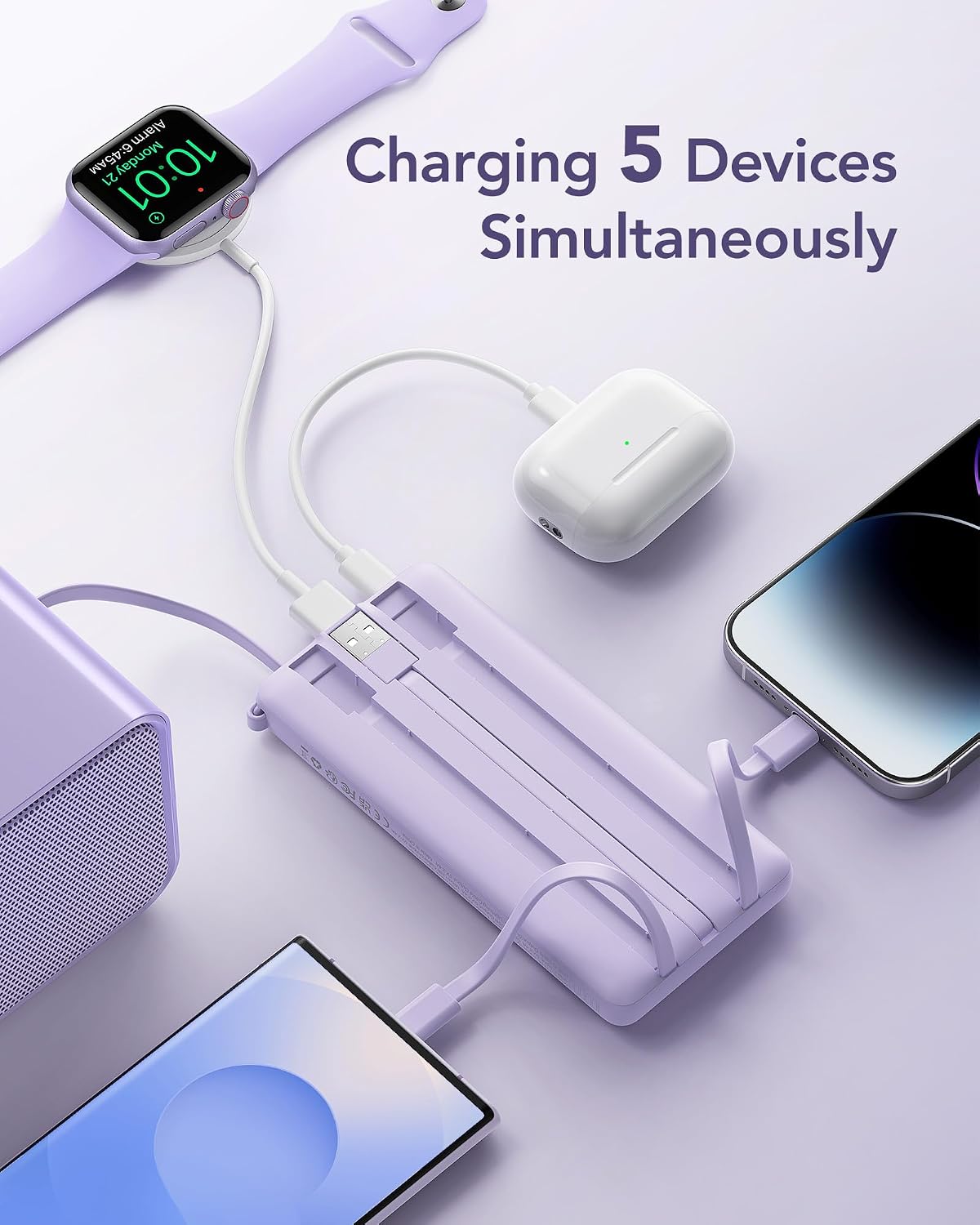 VRURC Portable Charger Power Bank, USB C Battery Pack 10000mAh, Flight-Safe Travel Essentials, 5 Outputs 2 Inputs Slim Phone Charging Bank Built-in Cables for Multi Devices-Lavender(1 Pack)