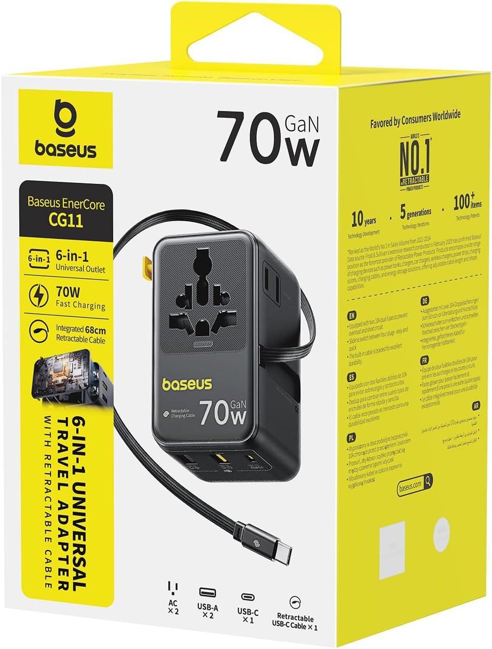 Baseus 70W Universal Travel Adapter, 6-in-1 International Plug Adapter | Worldwide Wall Charger with Retractable Cable, USB-C Fast Charging for USA/EU/UK/AUS and Over 200 Countries - Enercore CG11